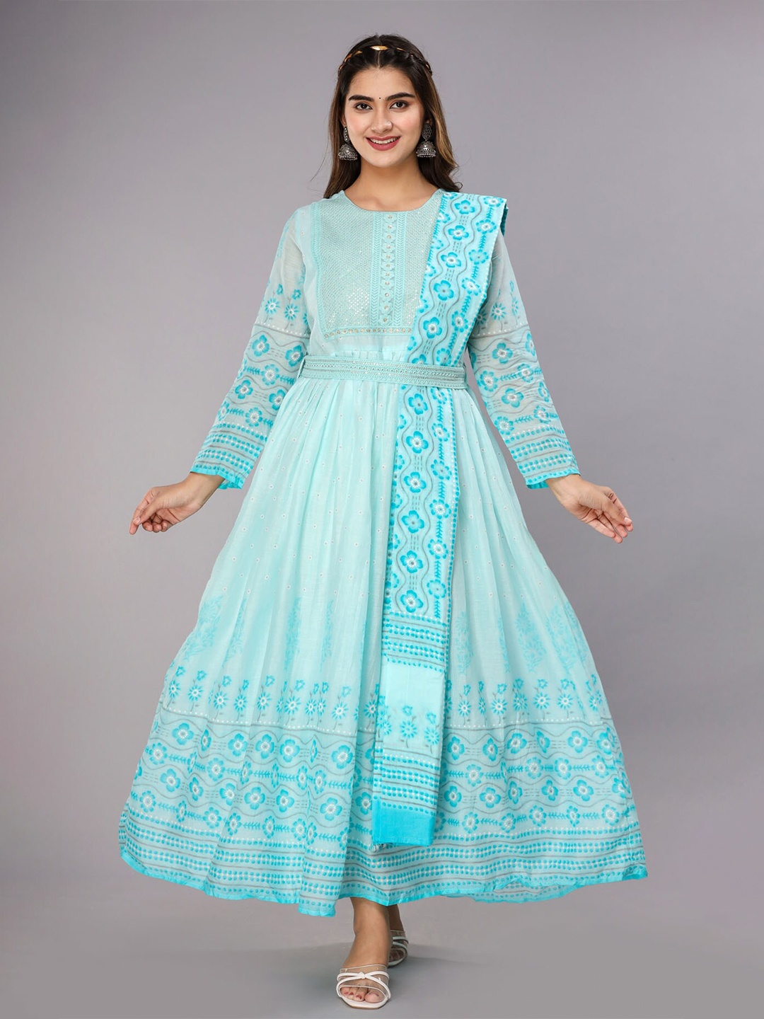 

FASHION DWAR Blue Floral Embroidered Cotton Ethnic Dress With Dupatta