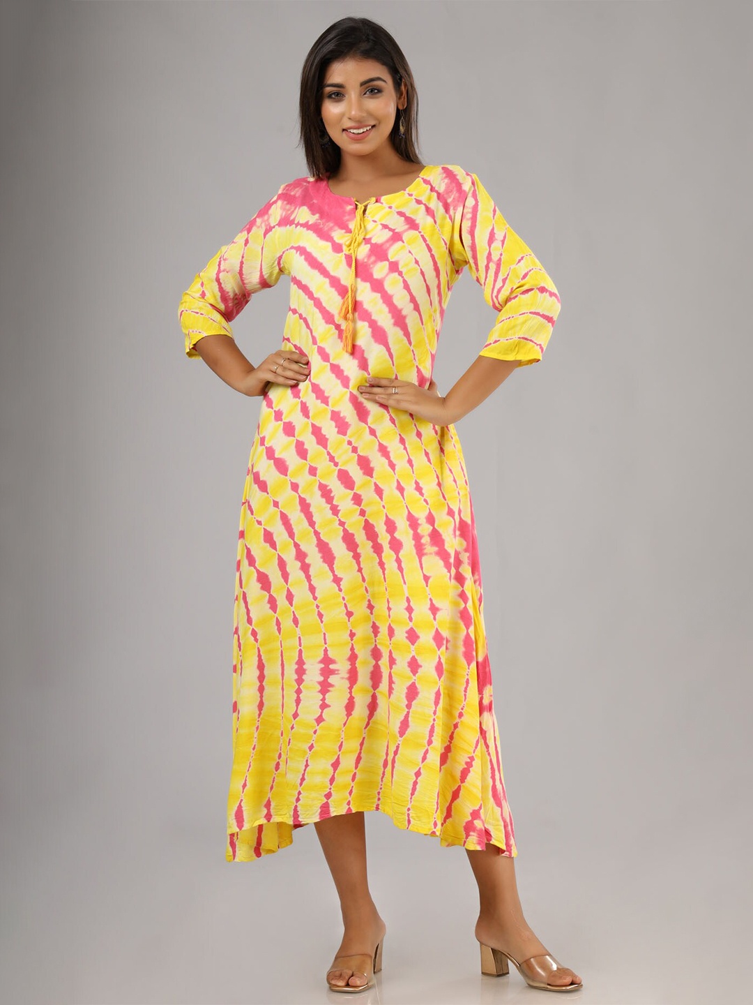 

FASHION DWAR Yellow Tie & Dye A-Line Ethnic Dress