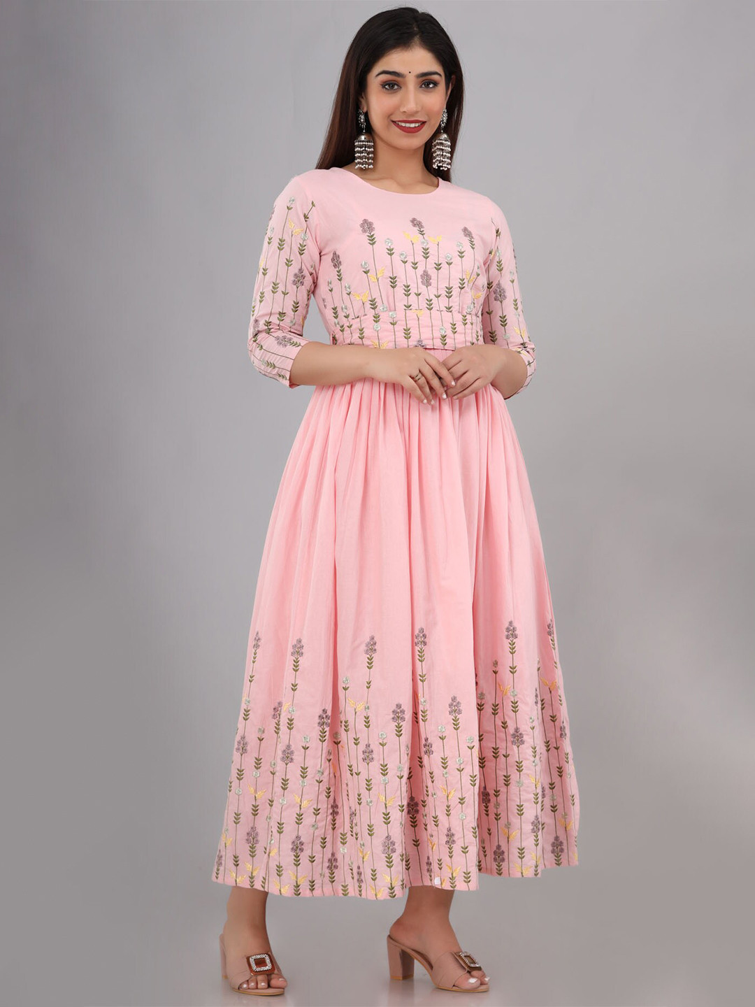 

FASHION DWAR Pink Floral Embroidered Cotton Ethnic Maxi Dress
