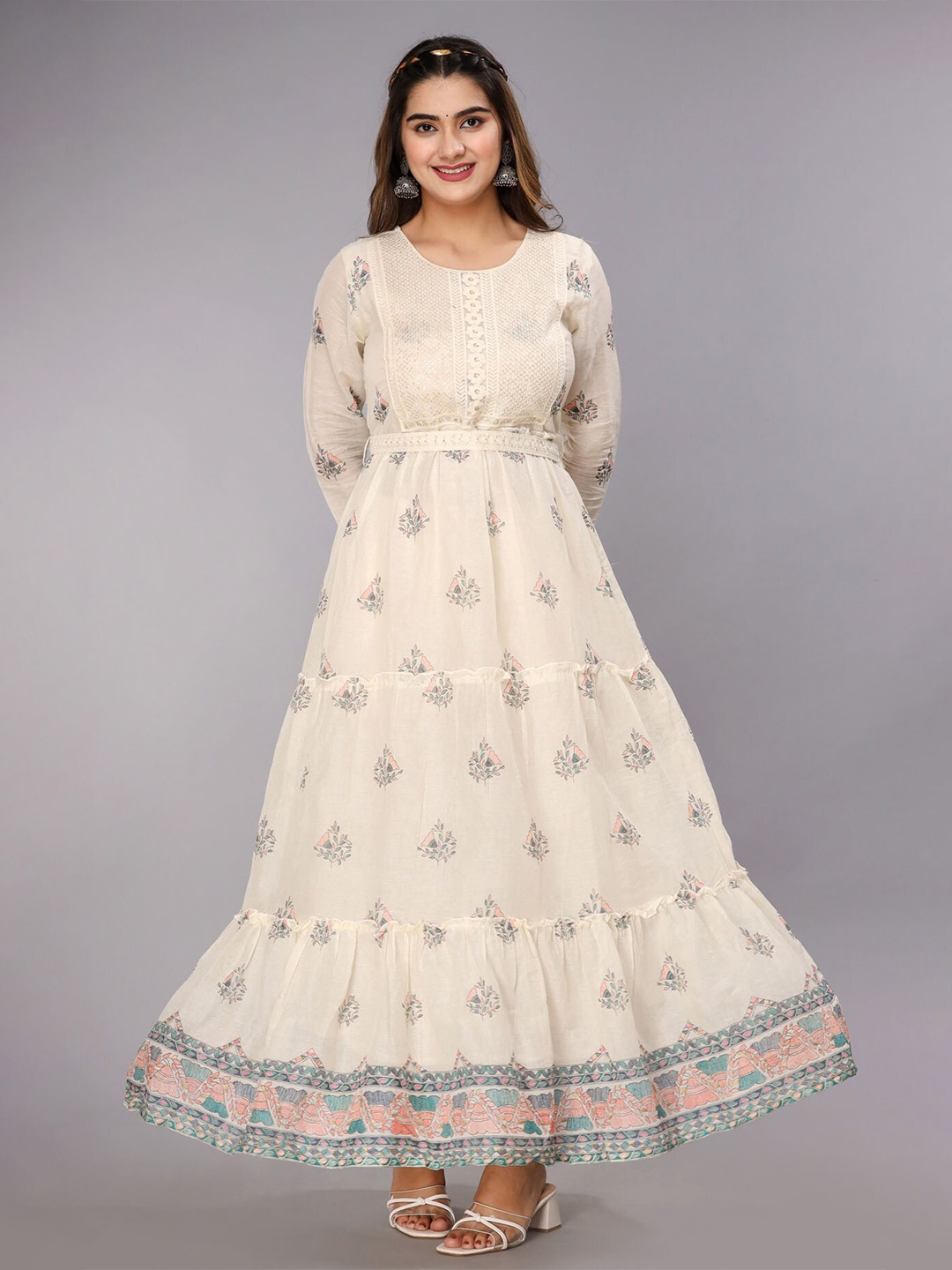 

FASHION DWAR Off White Floral Cotton Ethnic Dress With Dupatta