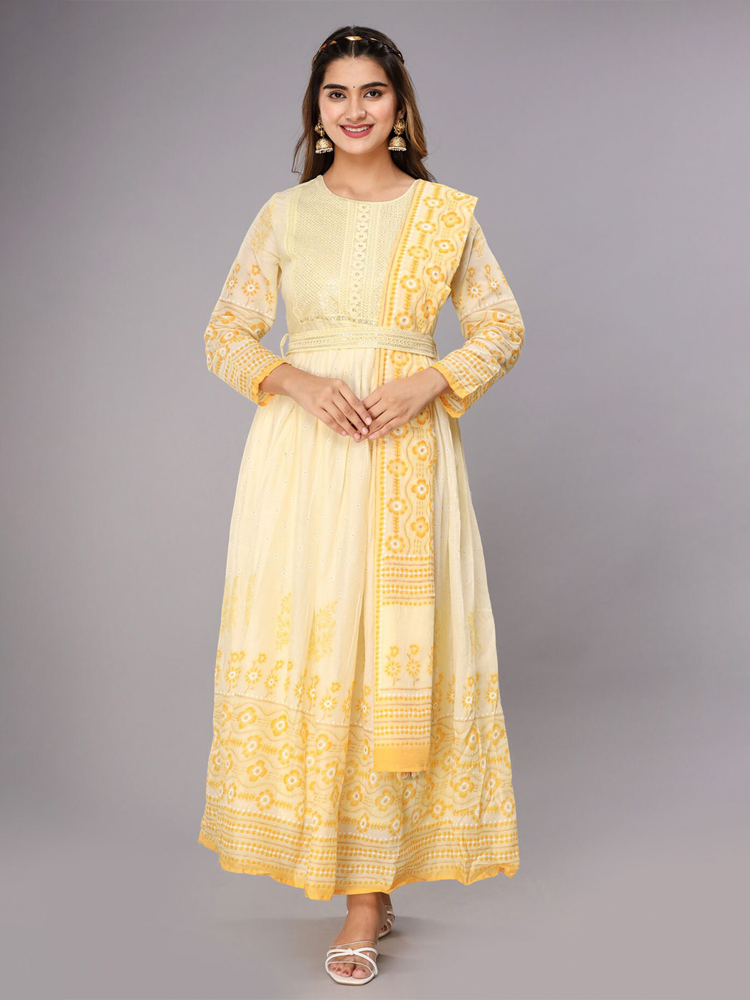 

FASHION DWAR Yellow Floral Embroidered Cotton Ethnic Dress With Dupatta