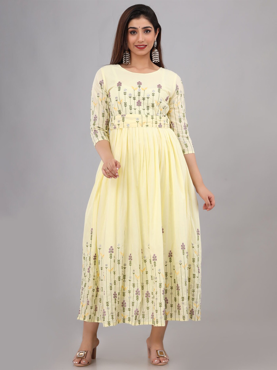 

FASHION DWAR Yellow Floral Embroidered Cotton Ethnic Maxi Dress