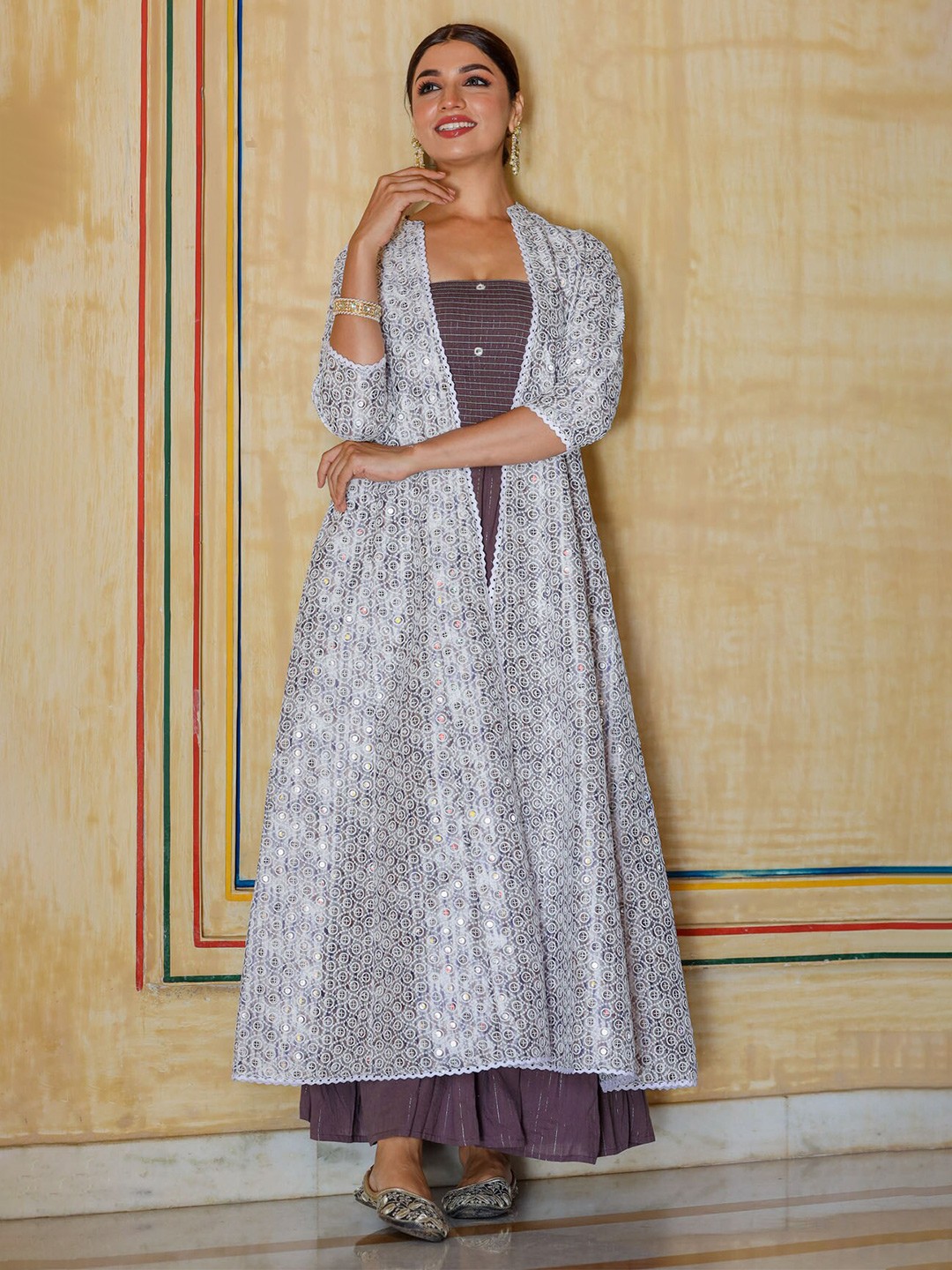 

FASHION DWAR Women Purple A-Line Maxi Dress With Shrug