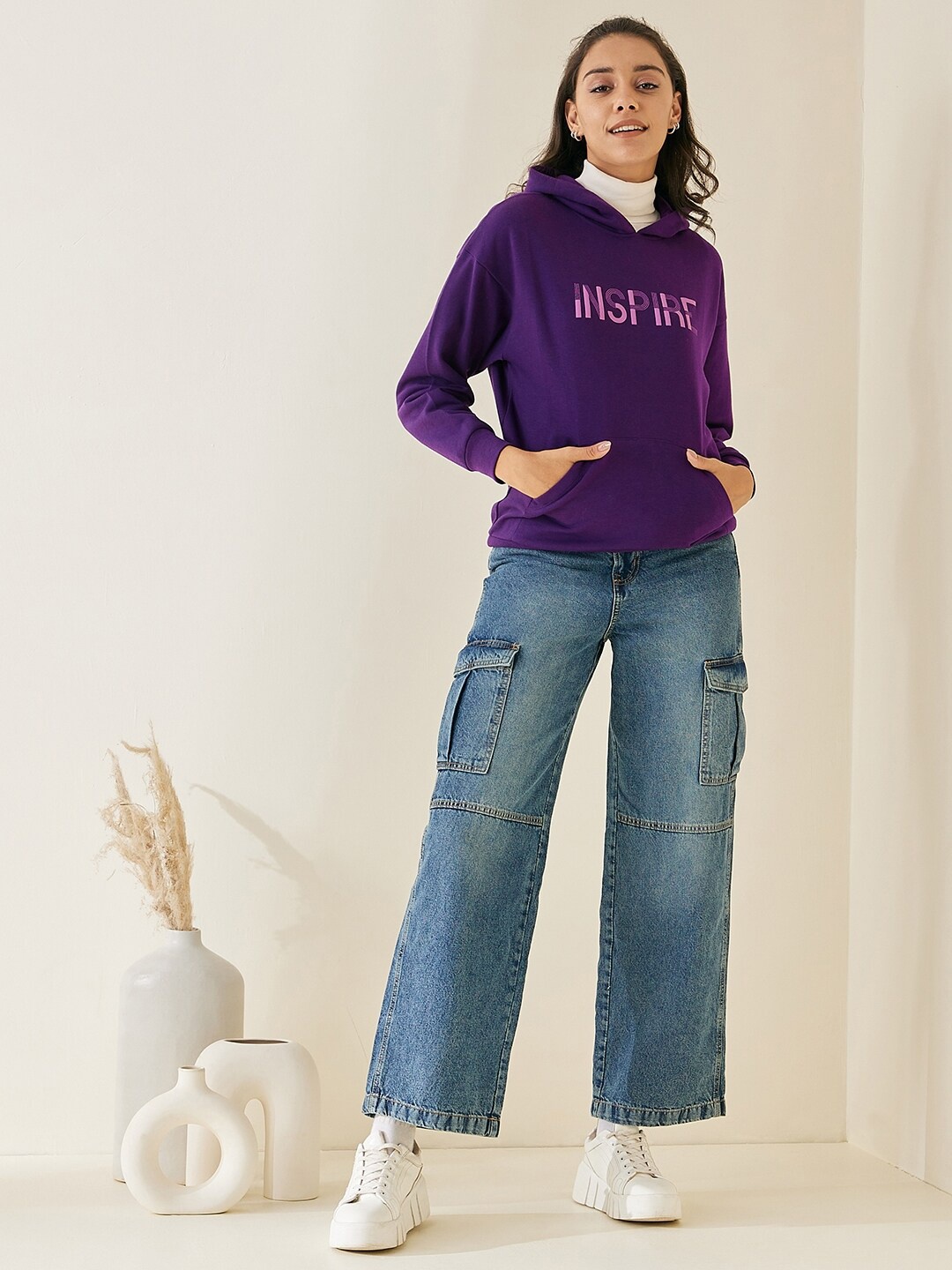 

Femella Women Purple Typography Printed Hooded Sweatshirt