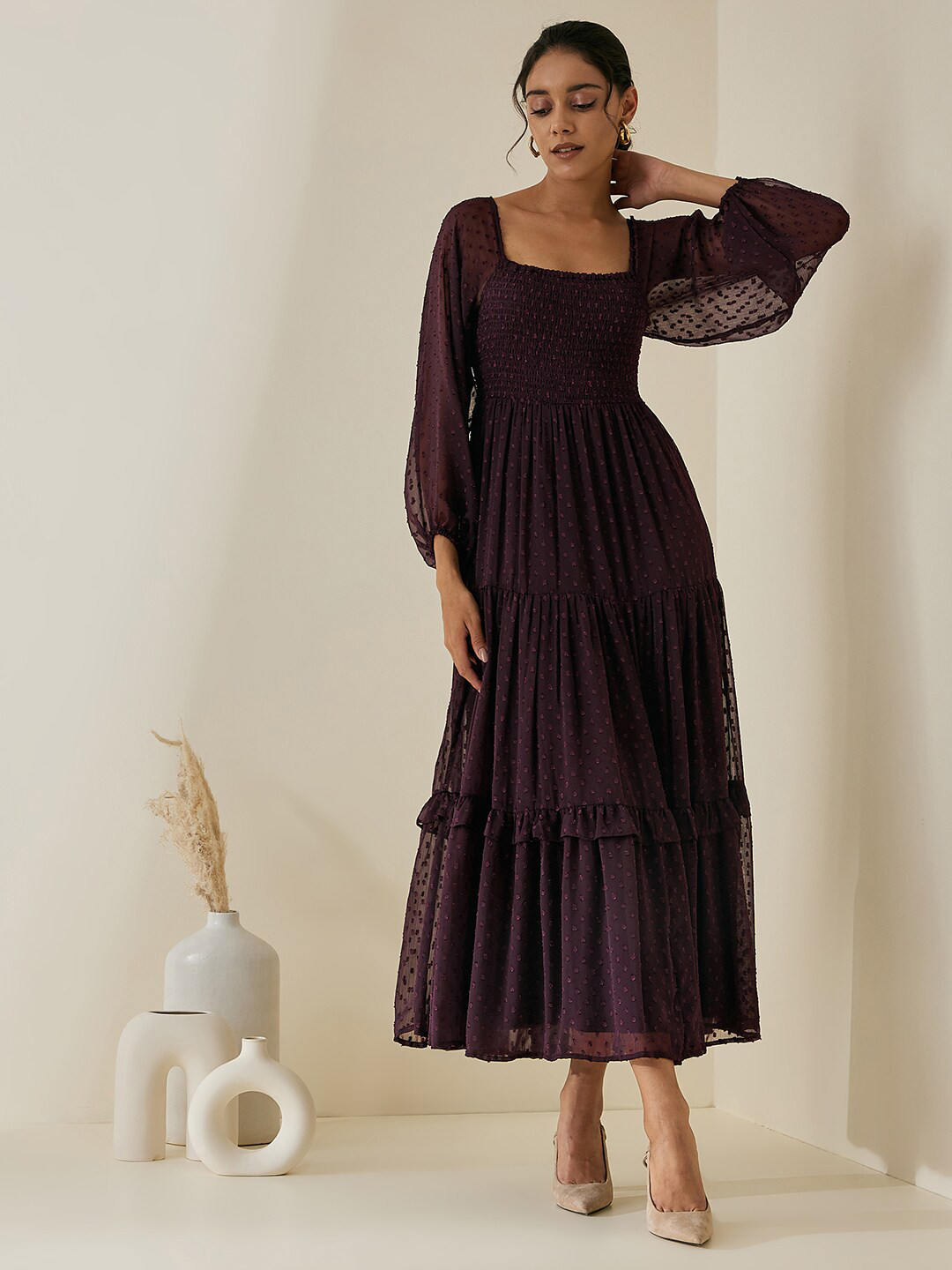 

Femella Maroon Chiffon Smocked Maxi Dress