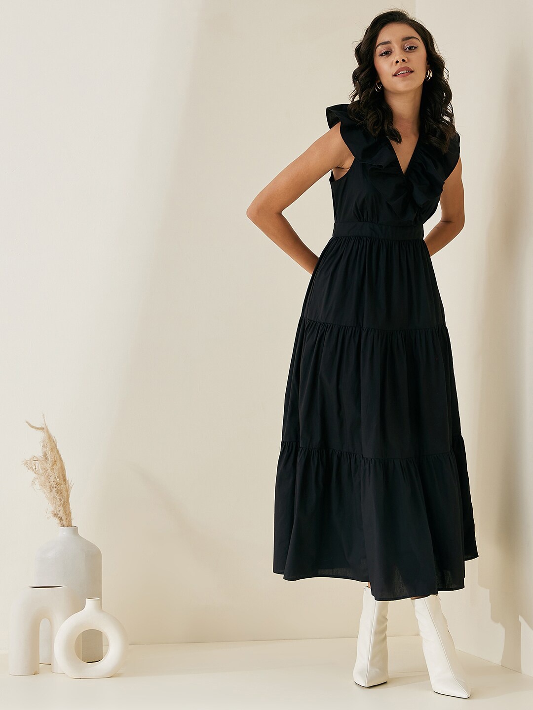 

Femella Black A-Line Tiered Pure Cotton Maxi Dress