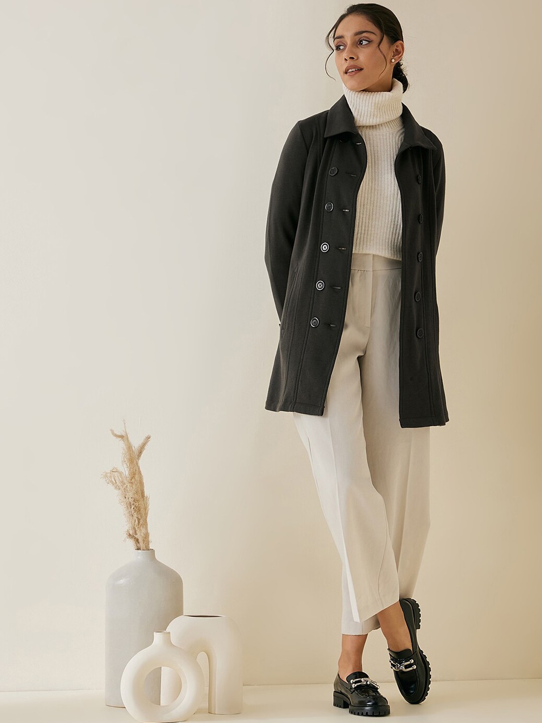 

Femella Women Olive Green Longline Cotton Open Front Jacket