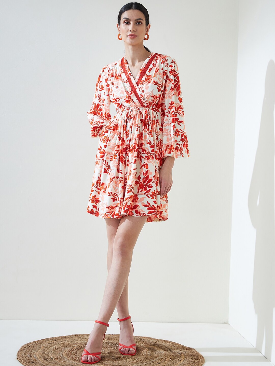 

Femella Orange & White Floral Printed Wrap Dress