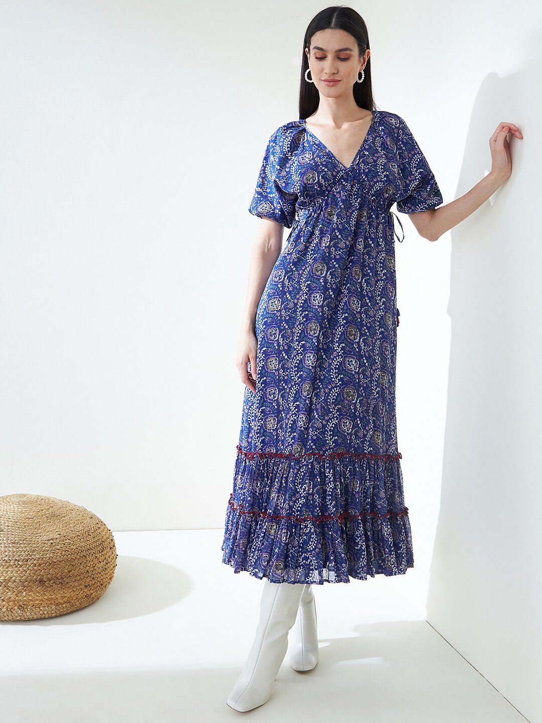 

Femella Blue Floral Printed A-Line Cotton Midi Dress