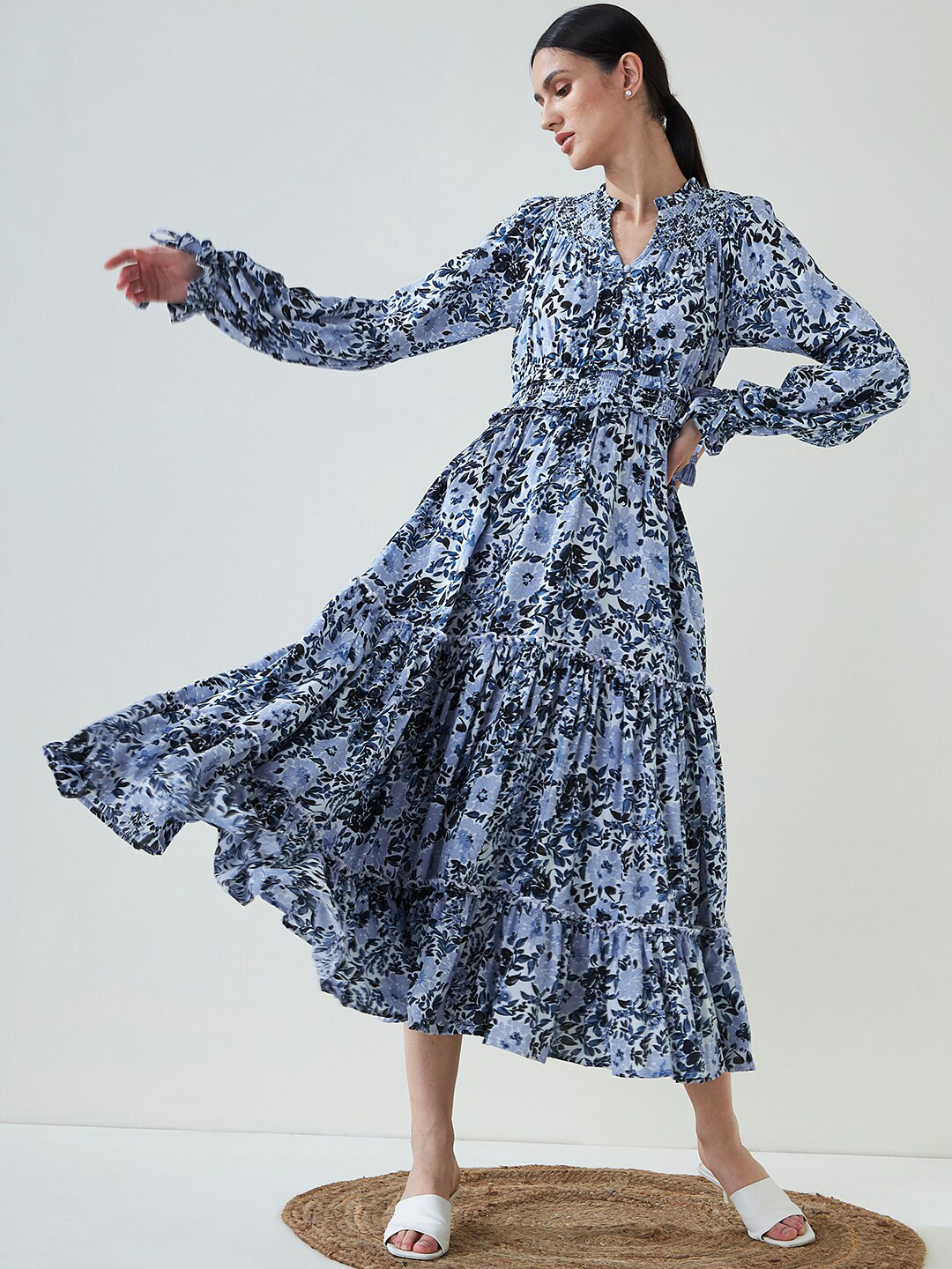 

Femella Blue Floral Ruffled A-Line Midi Dress