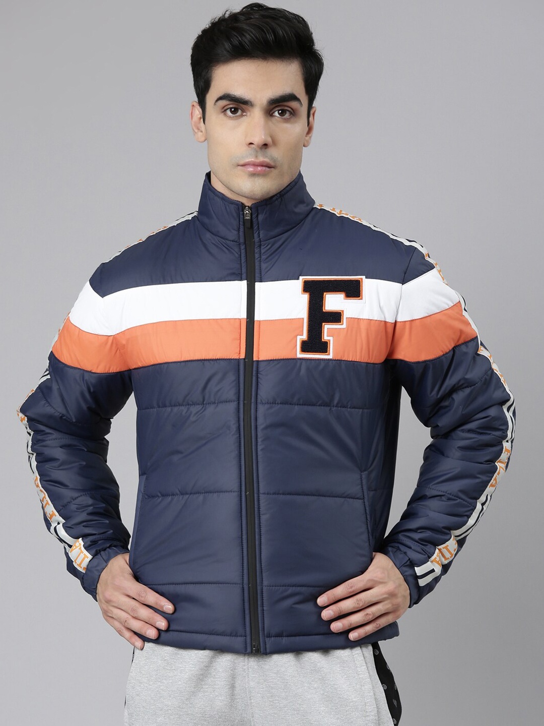 

FILA Men Navy Blue & White Cotton Bomber Jacket