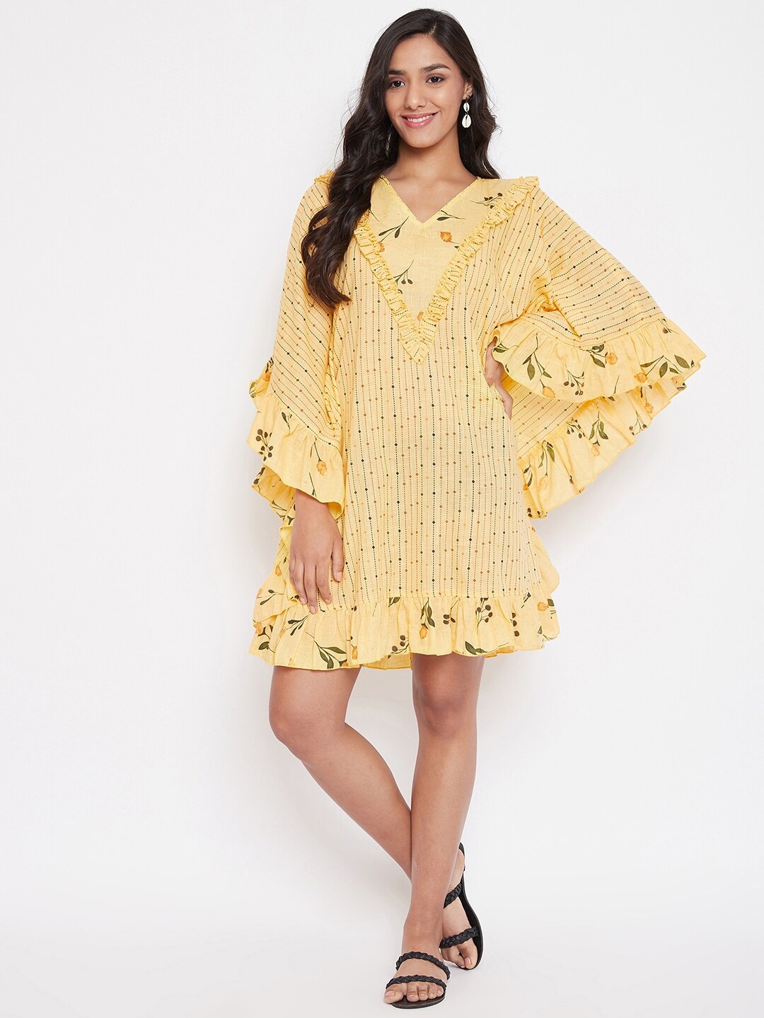 

The Kaftan Company Women Yellow Floral A-Line Cotton Dress