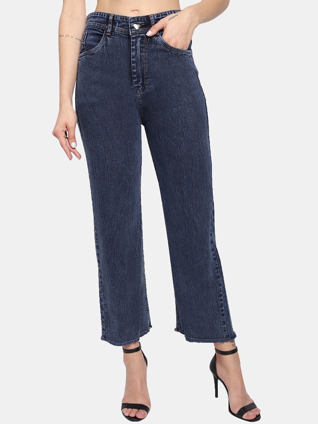 

LIVE OK Women Boyfriend Fit High-Rise Semi-Stretchable Cotton Jeans, Navy blue