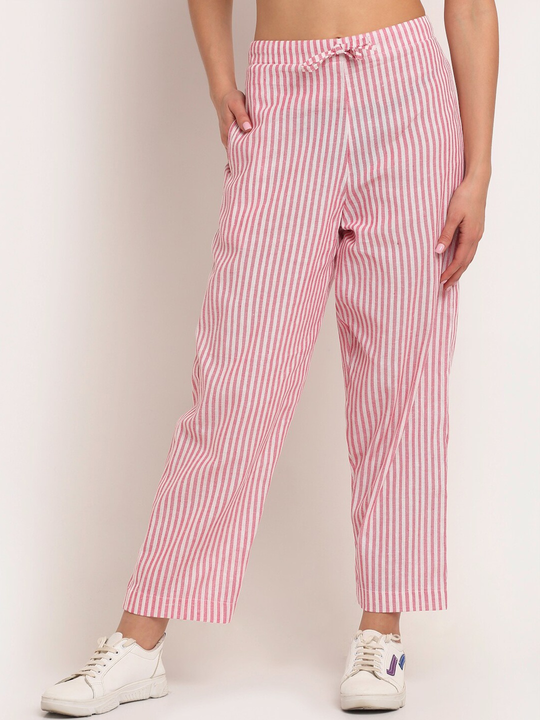 

Aarsha Women Red & White Striped Cotton Parallel Trousers