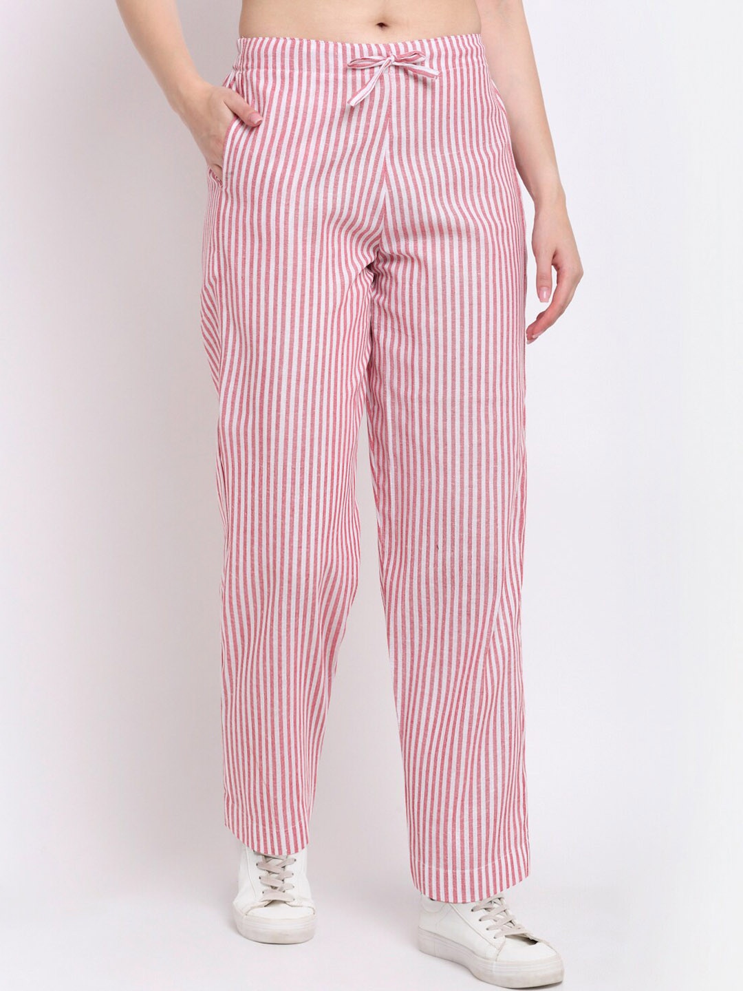 

Aarsha Women Pink Striped Relaxed Straight Leg Cotton Trouser