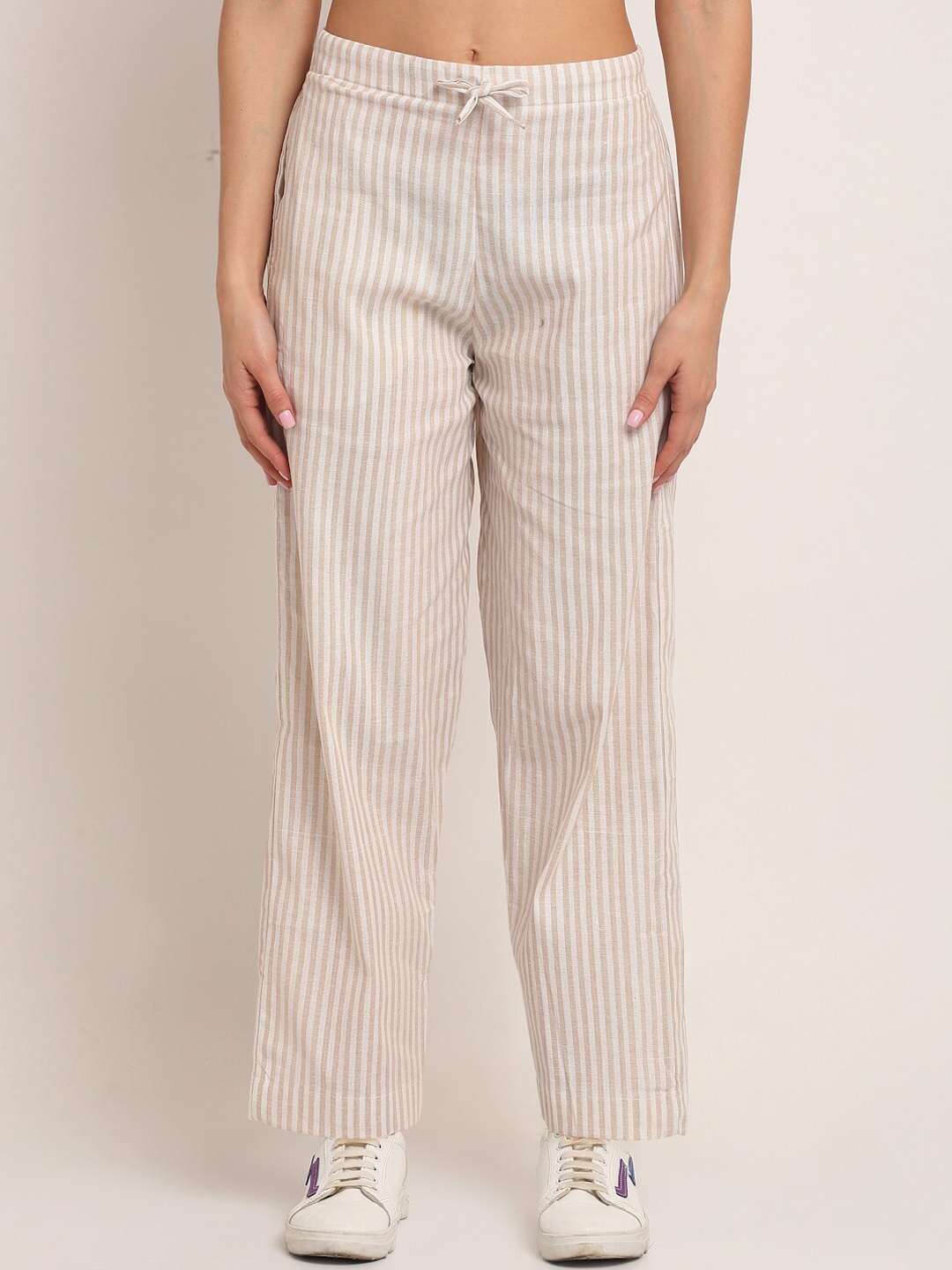 

Aarsha Women Beige Striped Relaxed Straight Leg Cotton Trouser