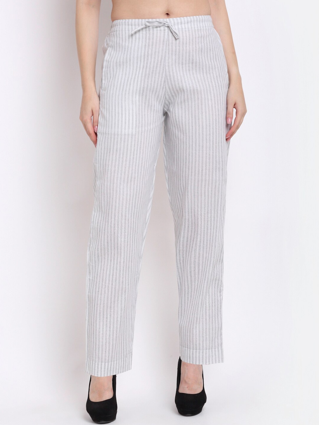 

Aarsha Women Grey Striped Relaxed Straight Leg Cotton Trouser