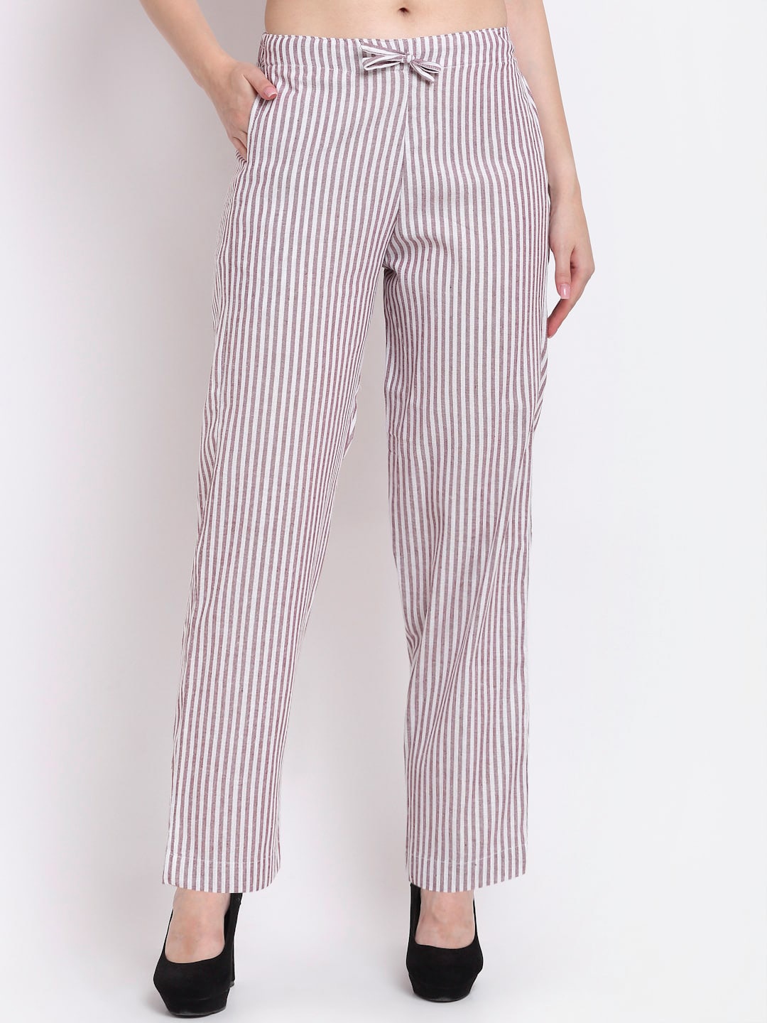 

Aarsha Women White & Purple Striped Cotton Parallel Trousers