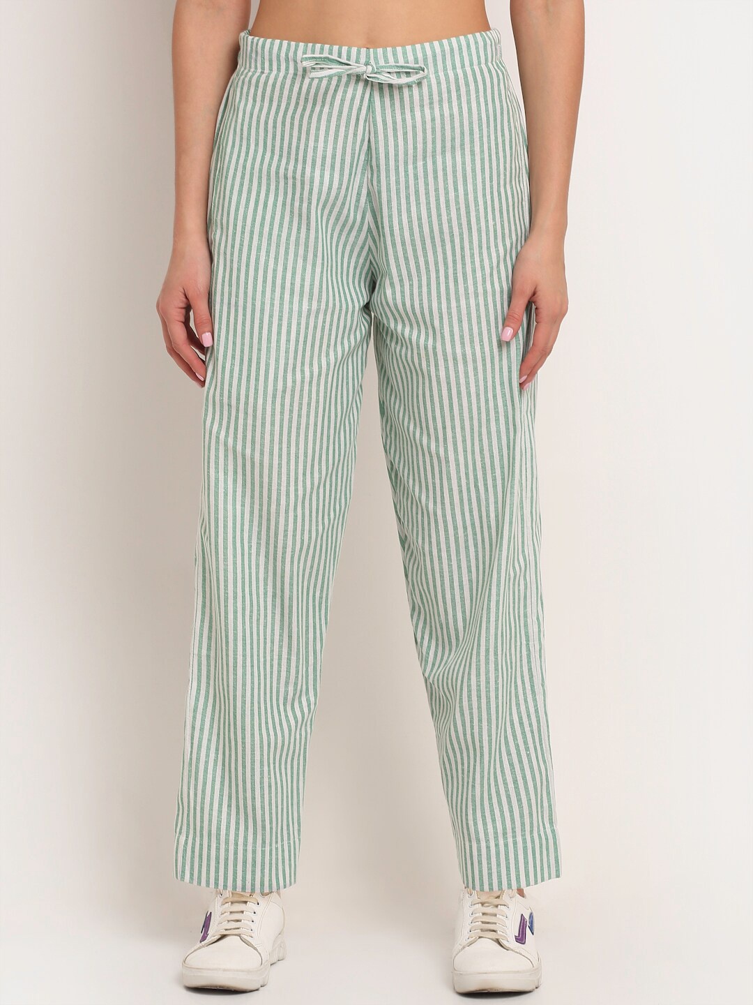 

Aarsha Women Green Striped Relaxed Straight Leg Cotton Trouser