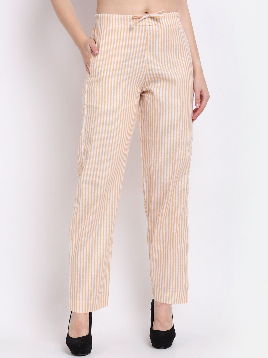 

Aarsha Women Orange Striped Relaxed Straight Leg Cotton Trouser