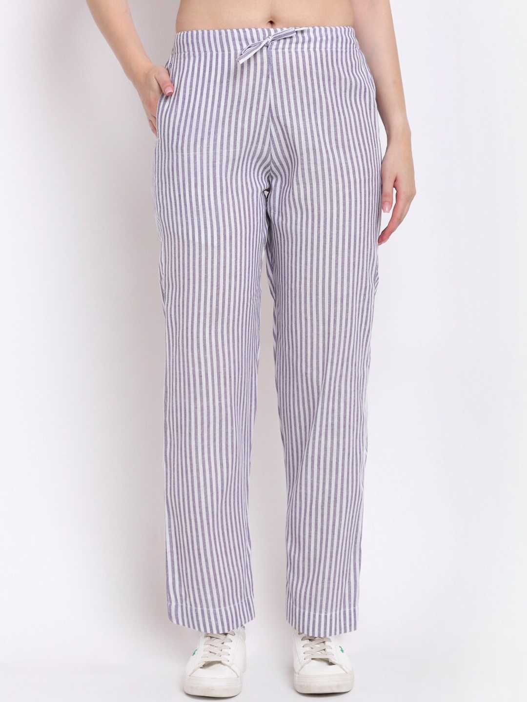 

Aarsha Women Purple Striped Relaxed Straight Leg Cotton Trouser