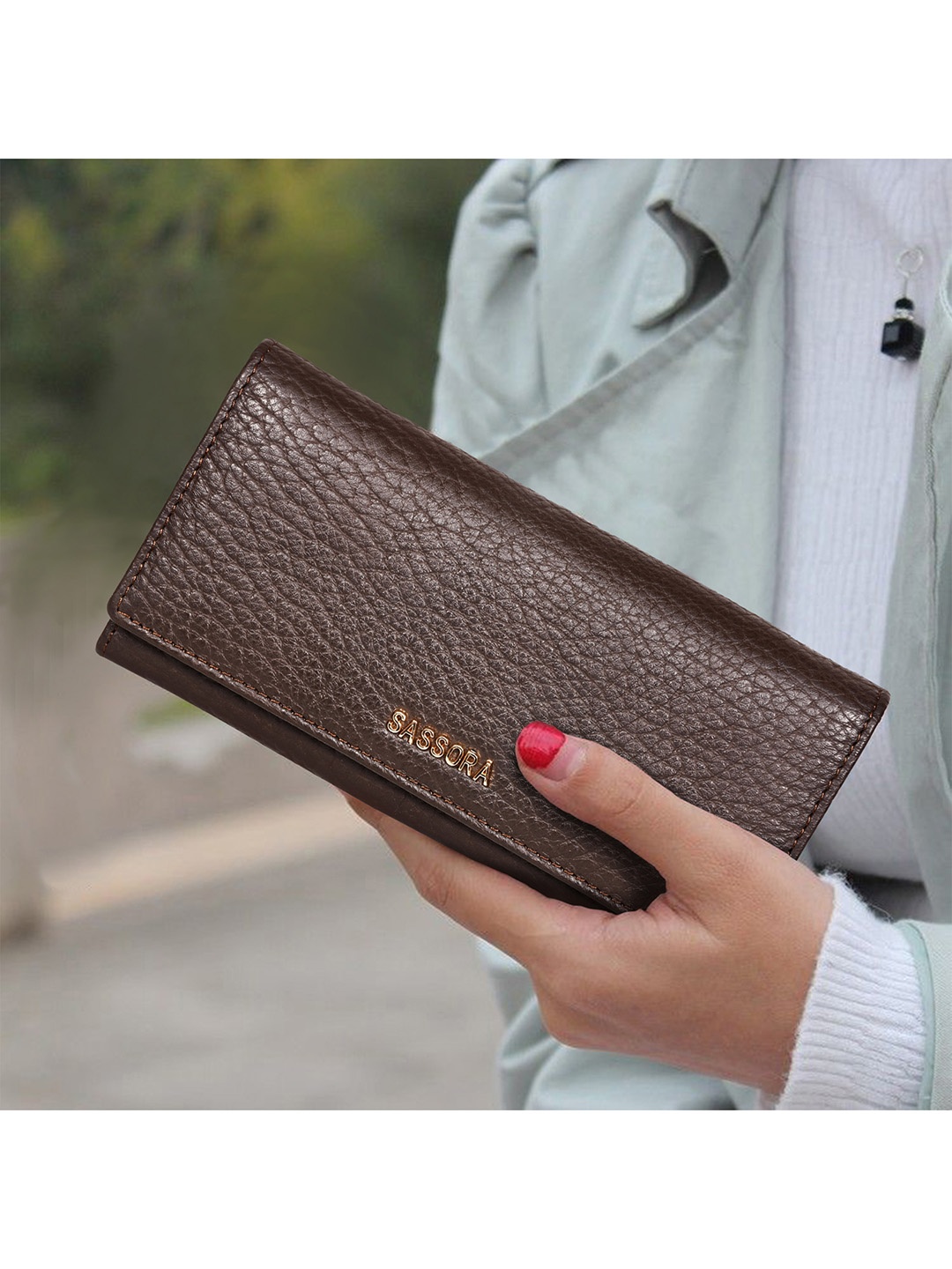 

Sassora Women Brown Abstract Textured Leather Envelope