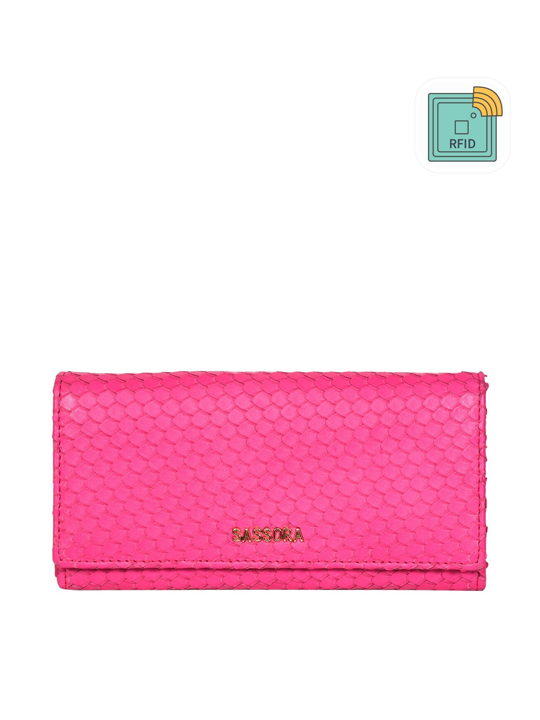 

Sassora Women Pink Abstract Textured Leather Envelope