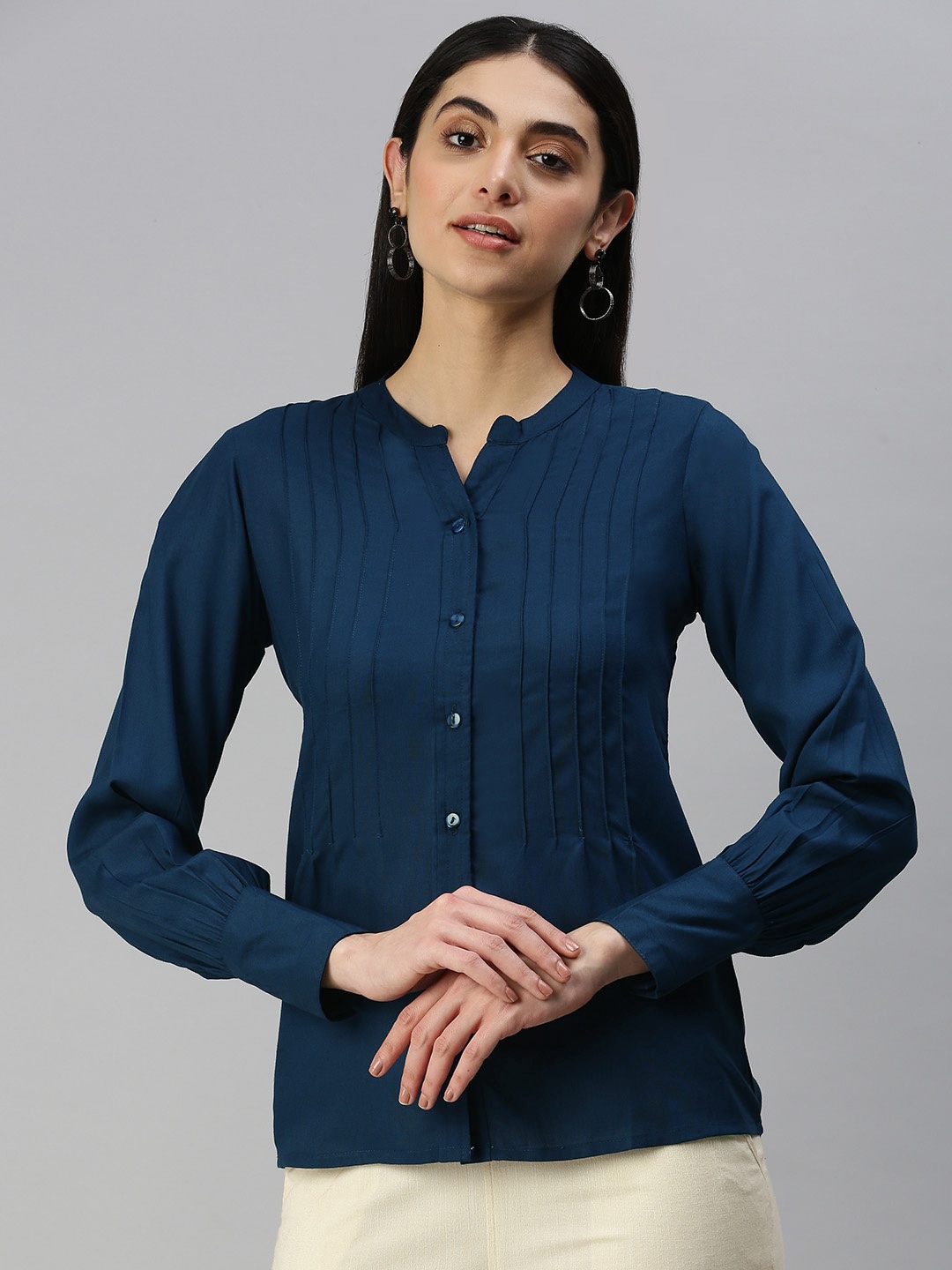 MALHAAR Navy Blue Bishop Sleeves Pure Cotton Top