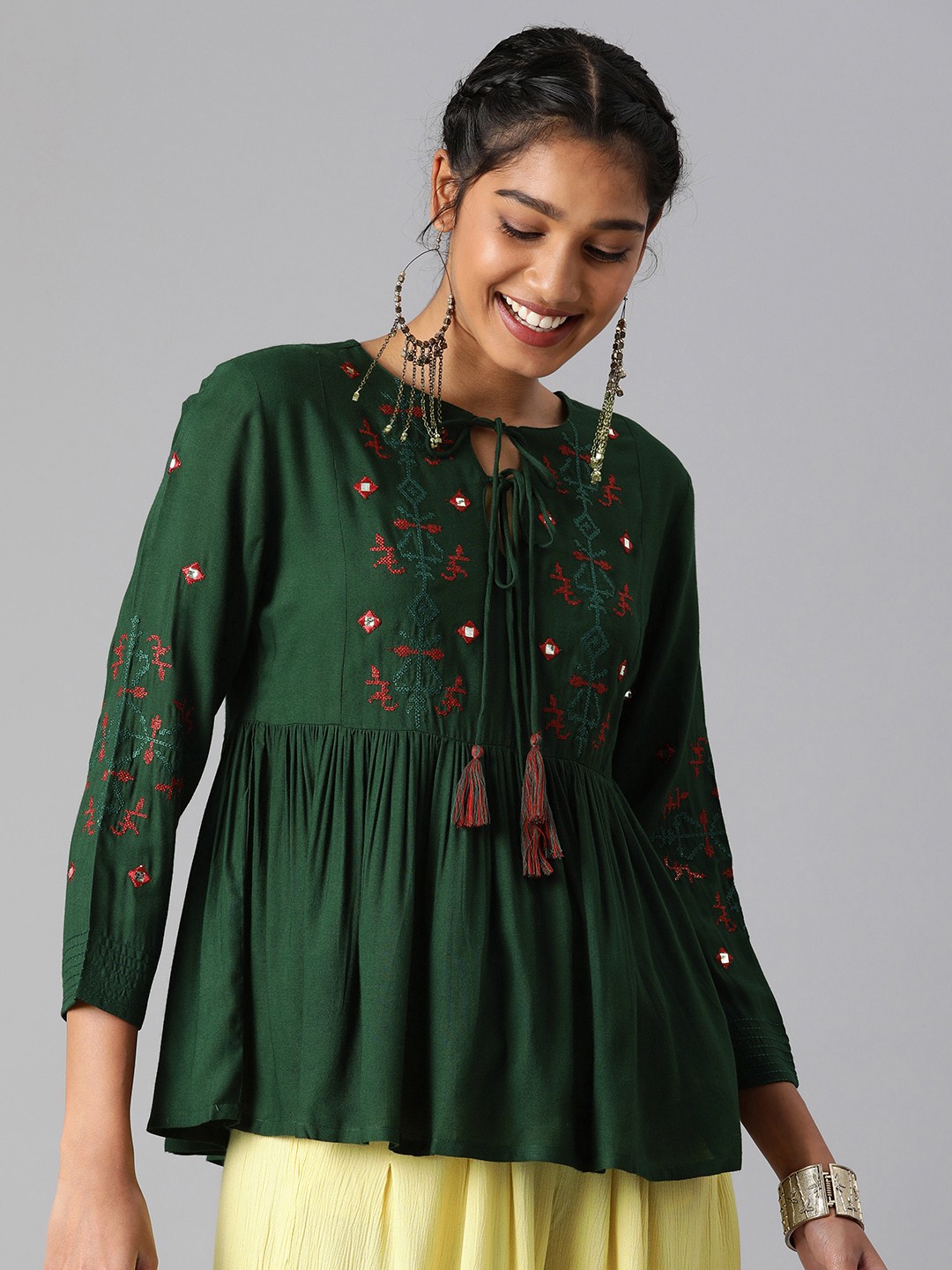 

MALHAAR Green Ethnic Motifs Embroidered Empire Kurti