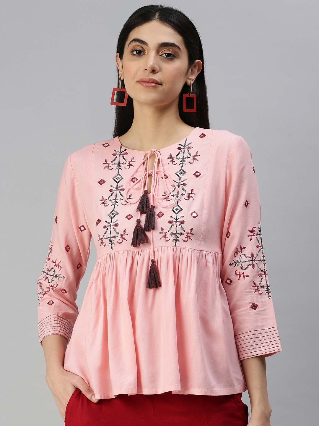 

MALHAAR Pink & Red Ethnic Motifs Embroidered A-Line Kurti