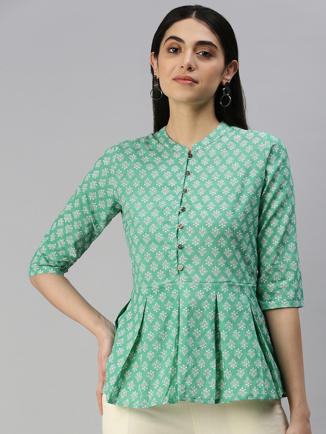 

MALHAAR Mint Green & White Ethnic Motifs Printed Pure Cotton Kurti