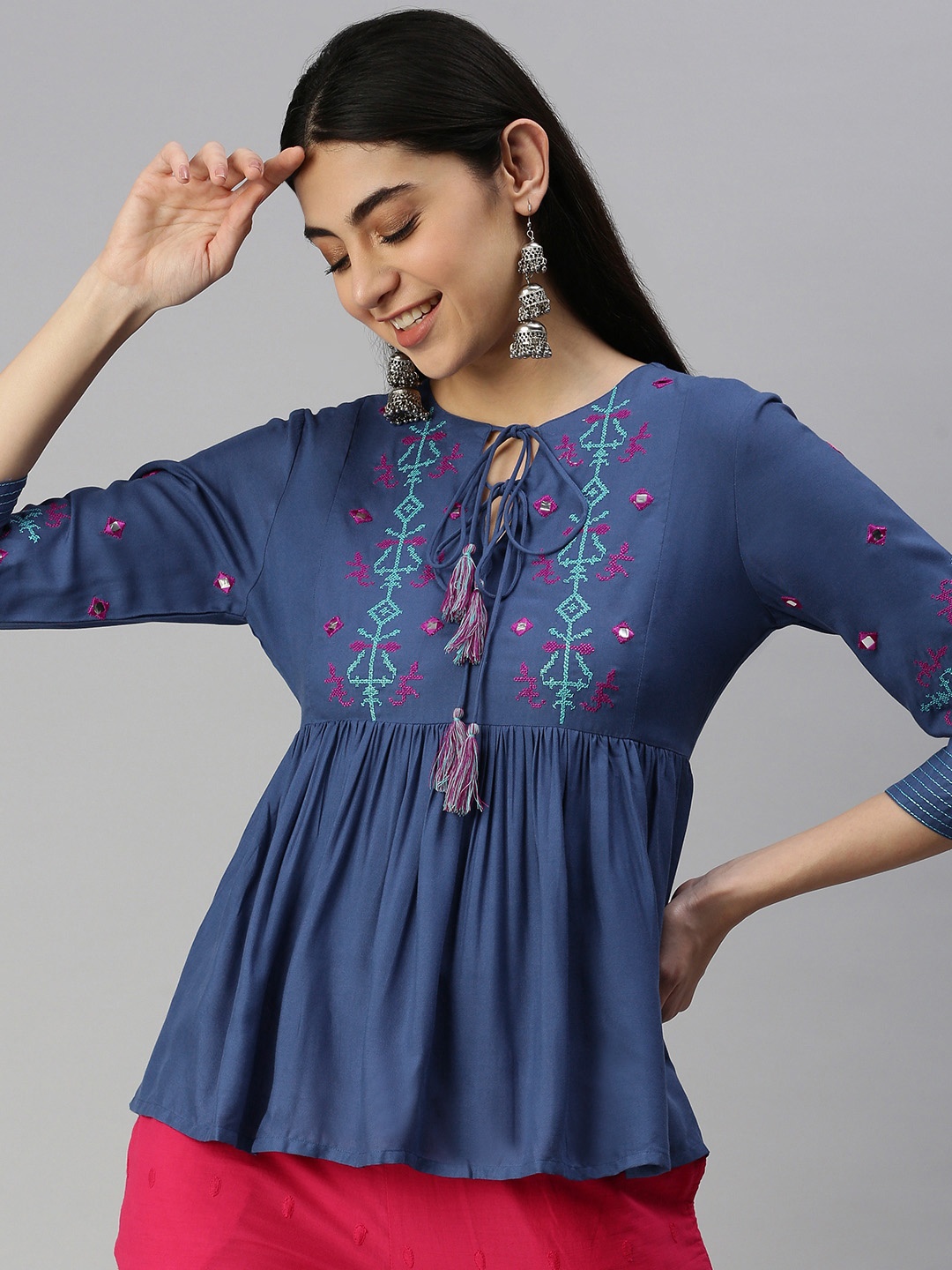

MALHAAR Blue Ethnic Motifs Embroidered A-Line Kurti