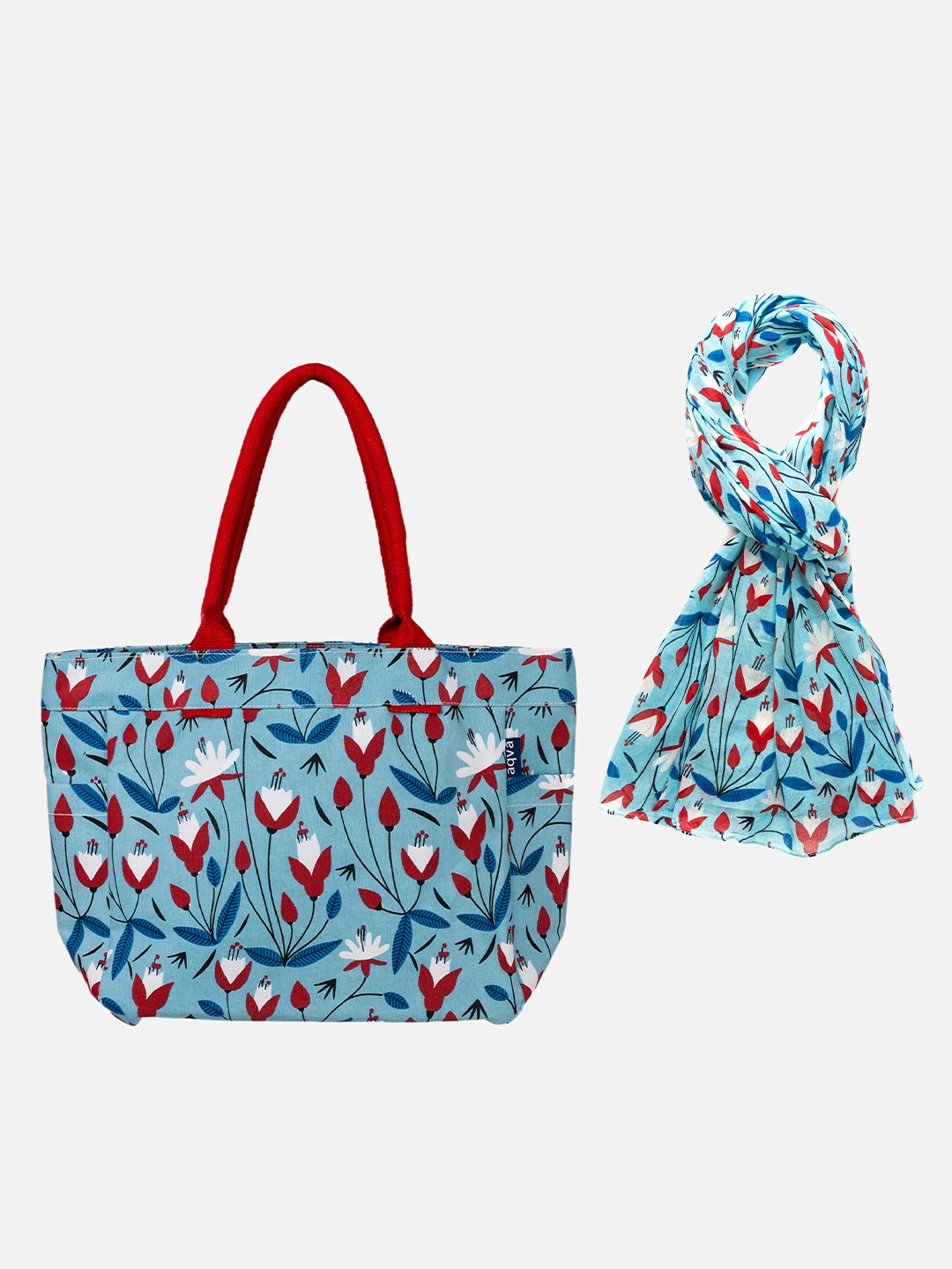 

AQVA Blue Floral Printed Oversized Shopper Cotton Shoulder Bag & Scarf