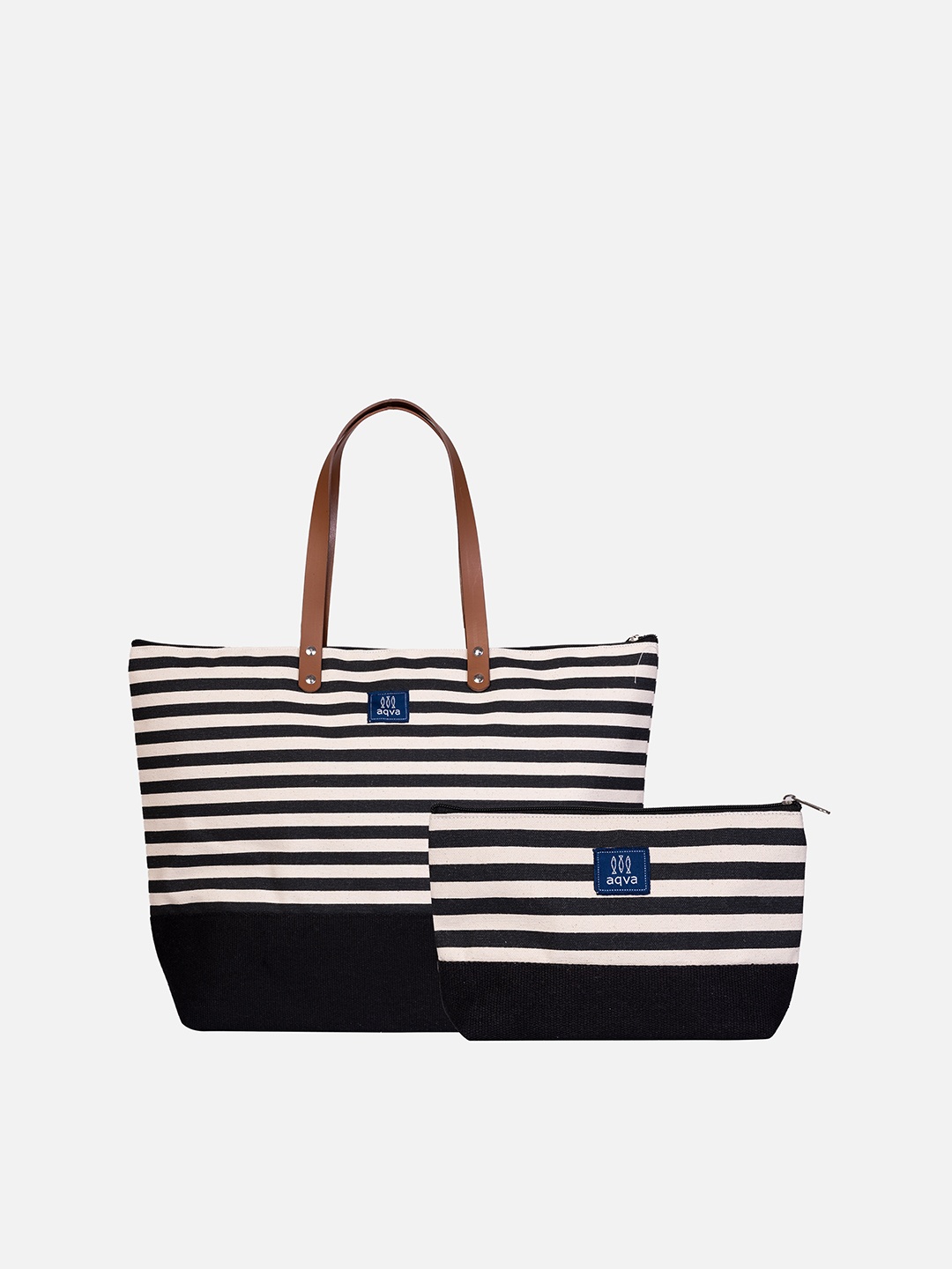 

AQVA Black Cotton Striped Structured Tote Bag