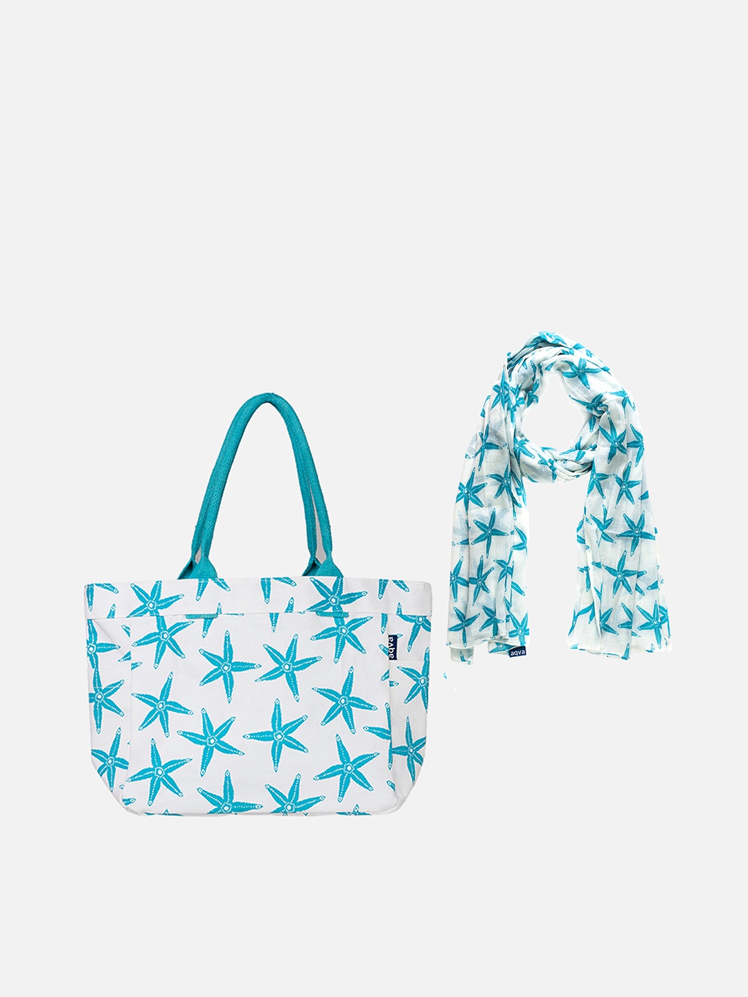 AQVA Turquoise Blue Geometric Cotton Oversized Shopper Shoulder Bag