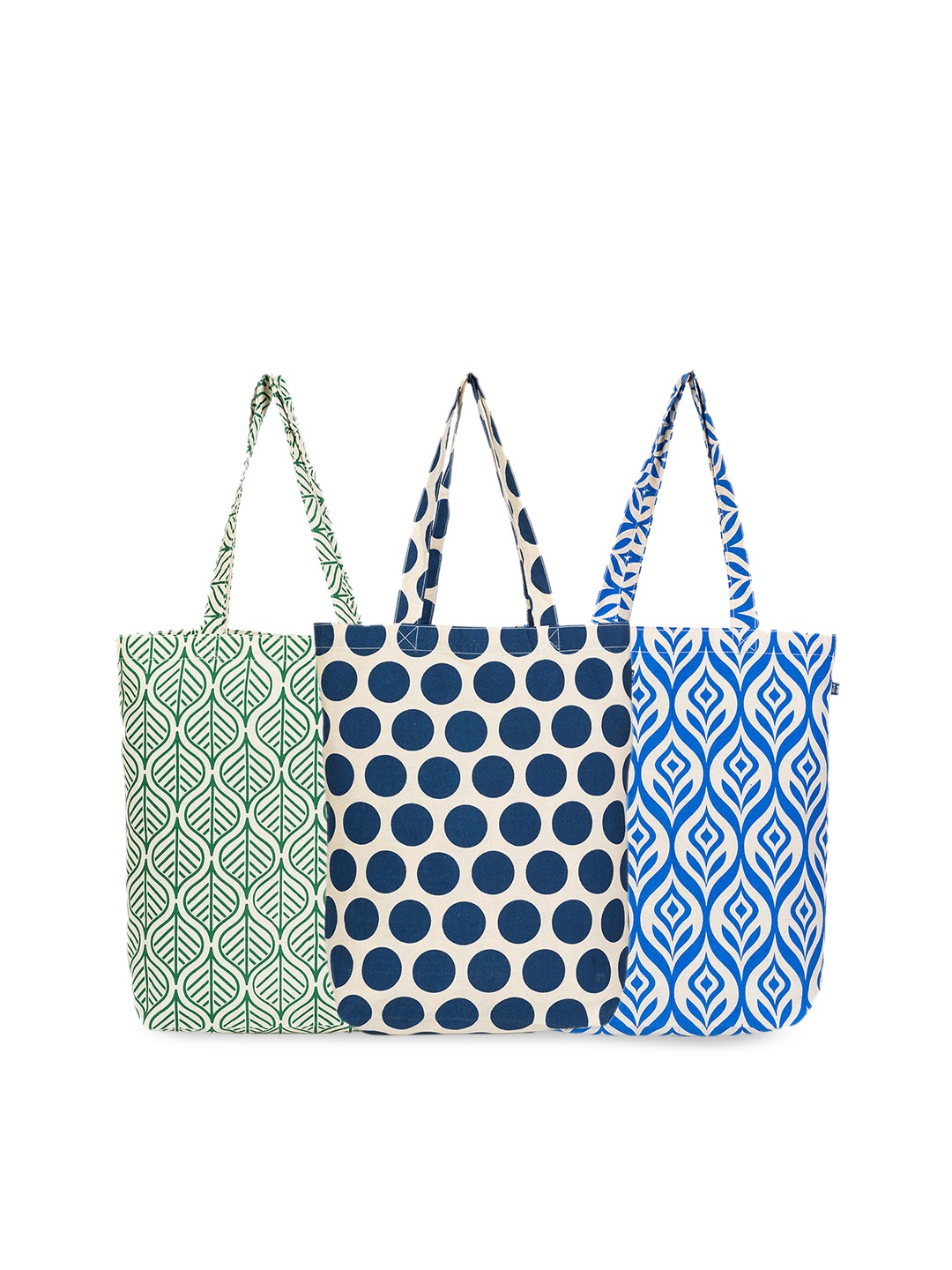 

AQVA Pack of 3 Geometric Printed Cotton Shopper Tote Bag, Blue