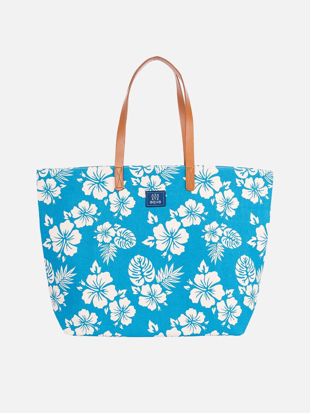 

AQVA Turquoise Blue Floral Printed Cotton Oversized Shopper Shoulder Bag