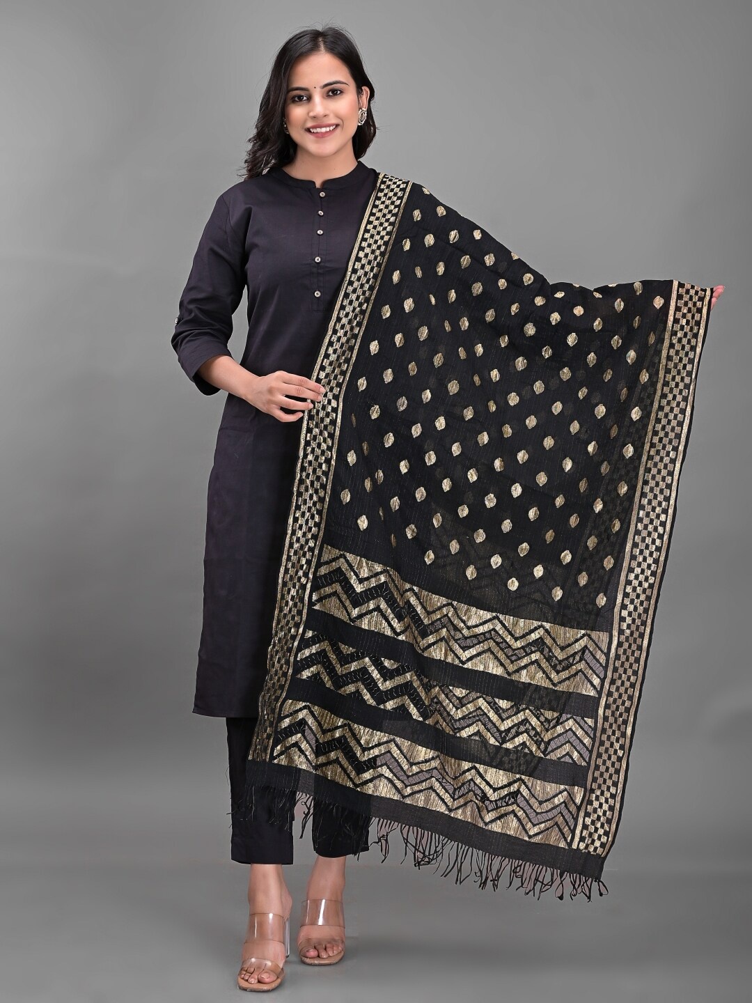 

Apratim Black & Gold-Toned Woven Design Dupatta with Zari