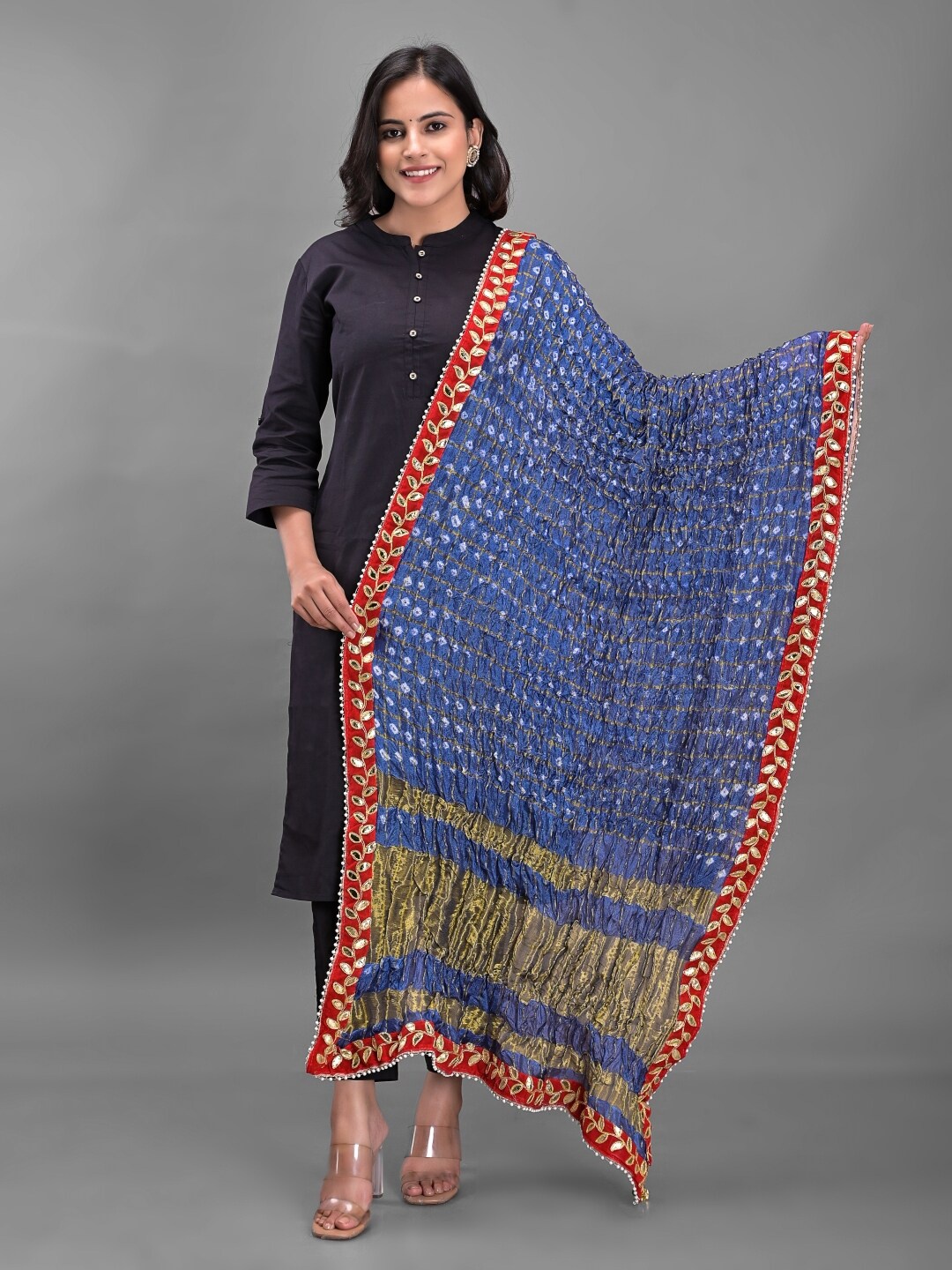 

Apratim Grey & Red Dyed Art Silk Bandhani Dupatta with Gotta Patti