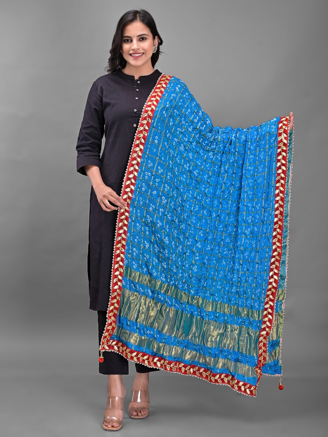 

Apratim Turquoise Blue & Red Dyed Art Silk Bandhani Dupatta with Gotta Patti