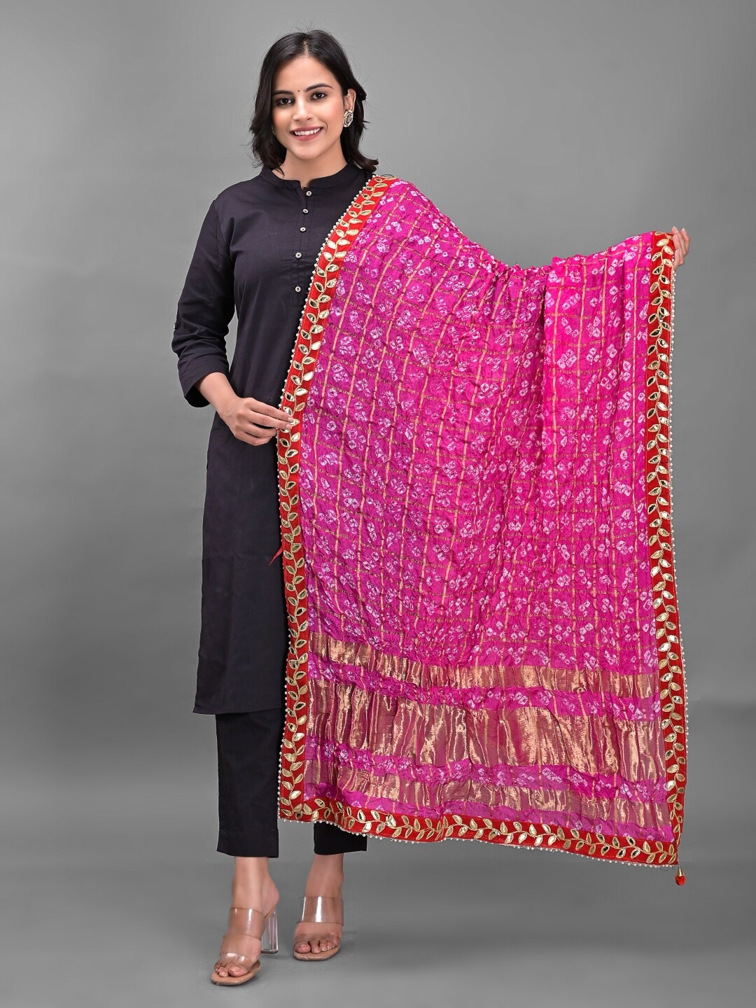 

Apratim Pink & Red Dyed Art Silk Bandhani Dupatta with Gotta Patti