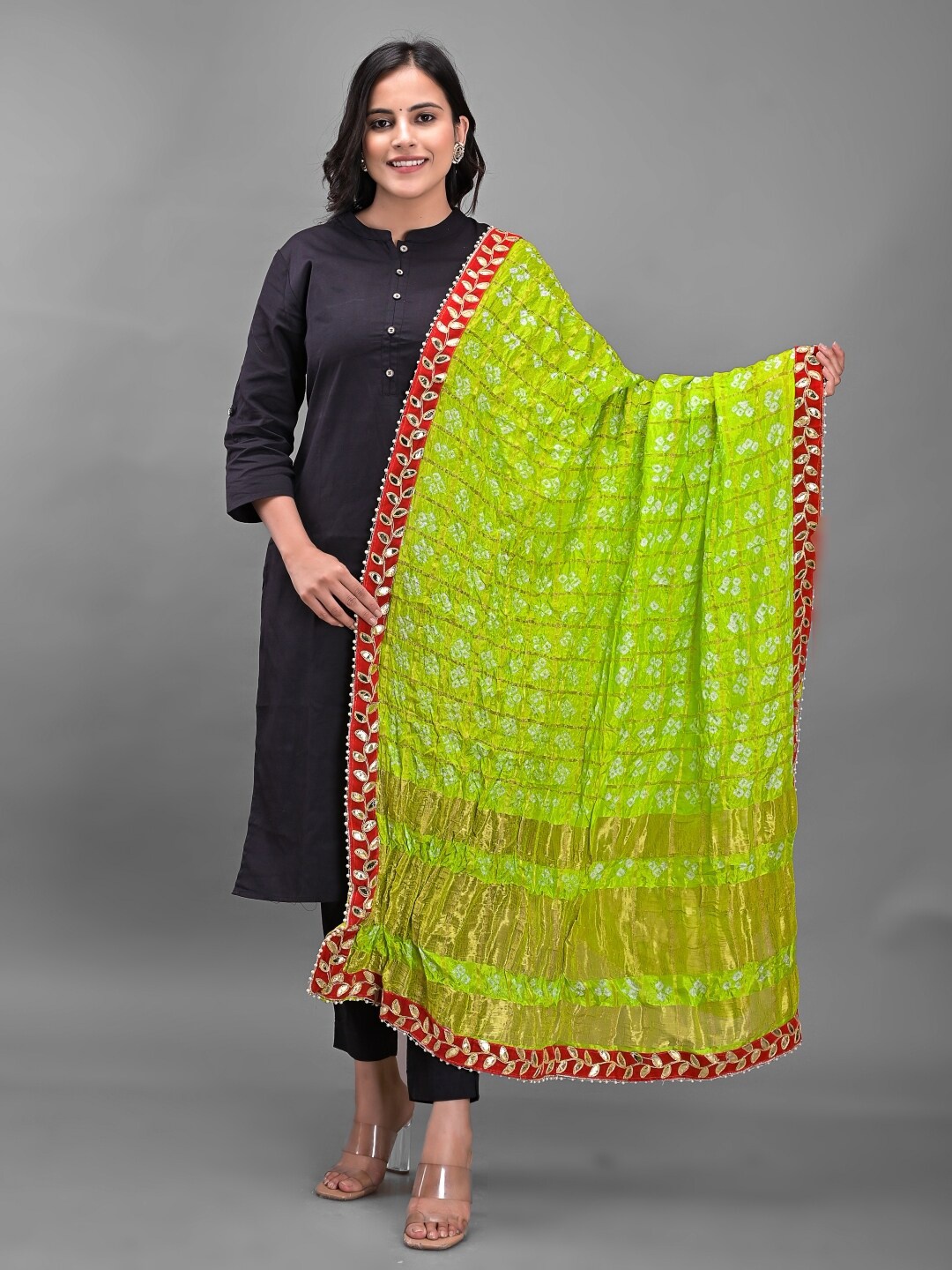 

Apratim Green & Red Printed Art Silk Bandhani Dupatta with Gotta Patti