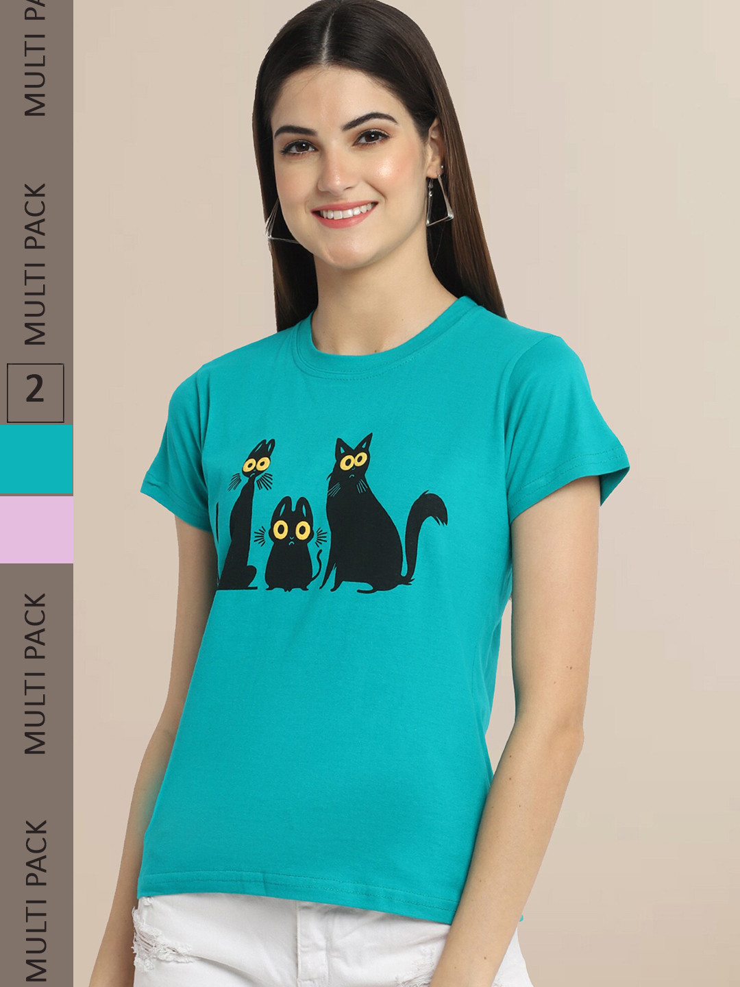 

Fabflee Women Pack Of 2 Green & Purple Printed T-shirt