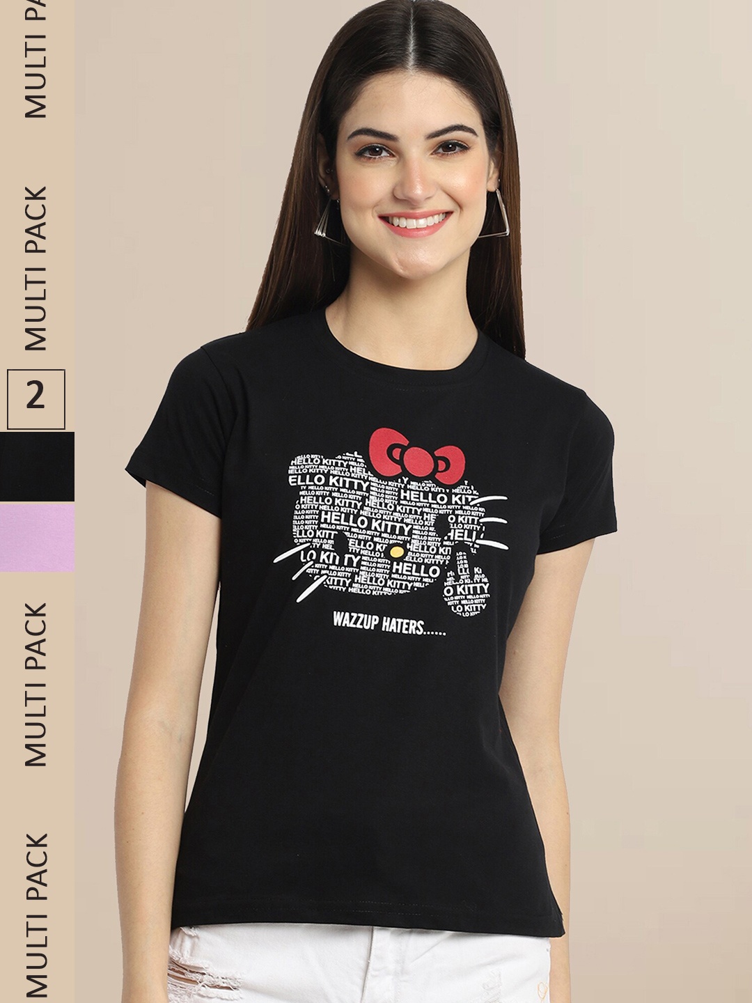 

Fabflee Women Pack Of 2 Black & Purple Printed T-shirt