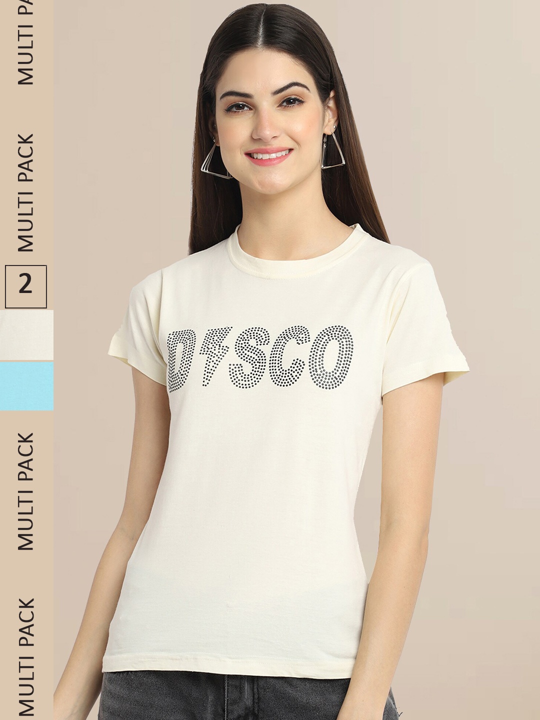 

Fabflee Women Pack Of 2 Cream-Coloured & Blue Printed T-shirt