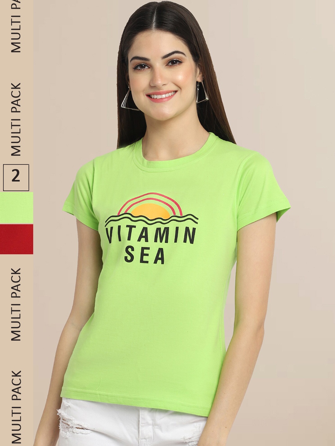 

Fabflee Women Pack Of 2 Lime Green & Red Printed T-shirt