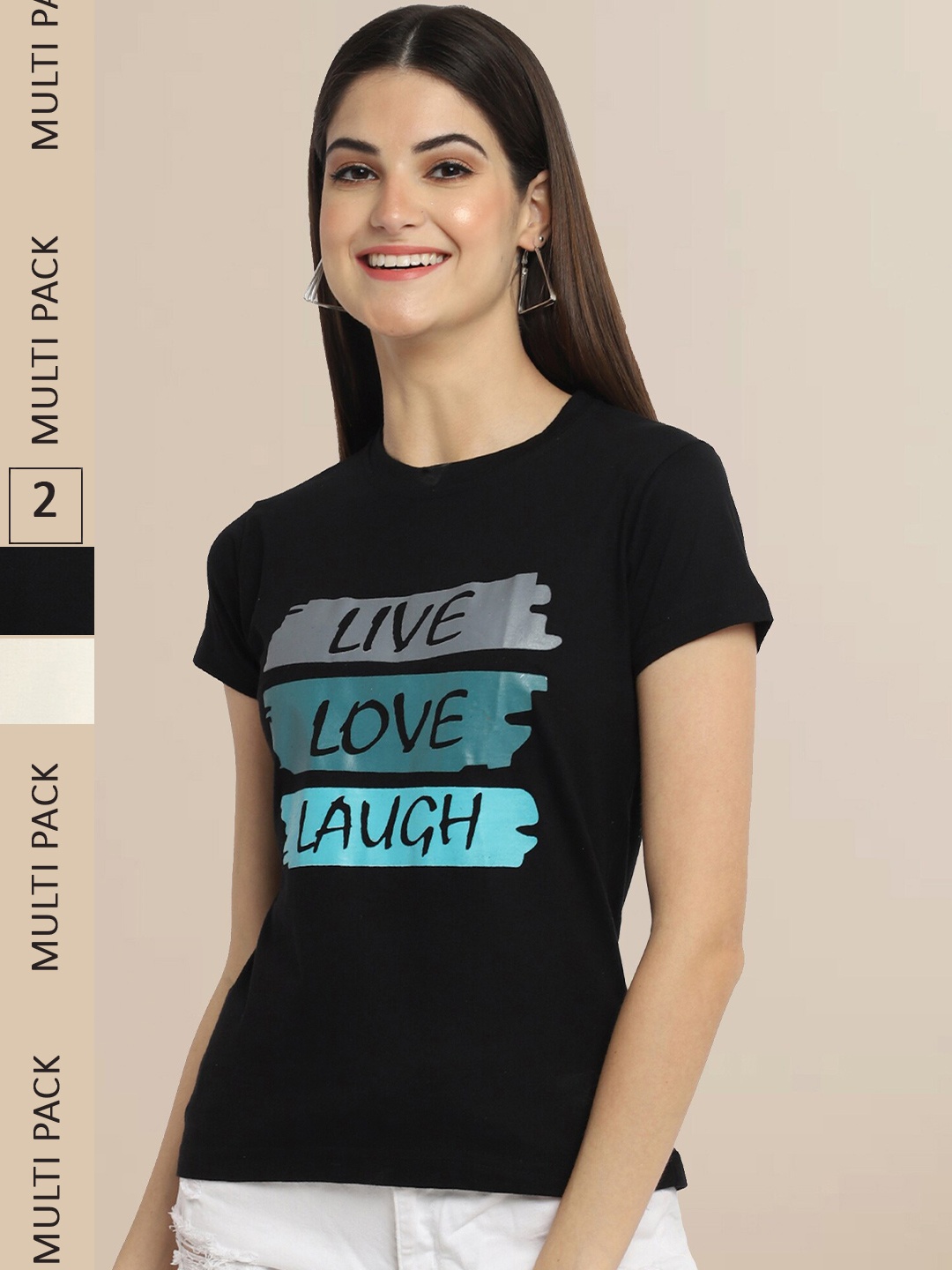 

Fabflee Women Black & Cream-Coloured Pack Of 2 Printed Cotton T-shirt