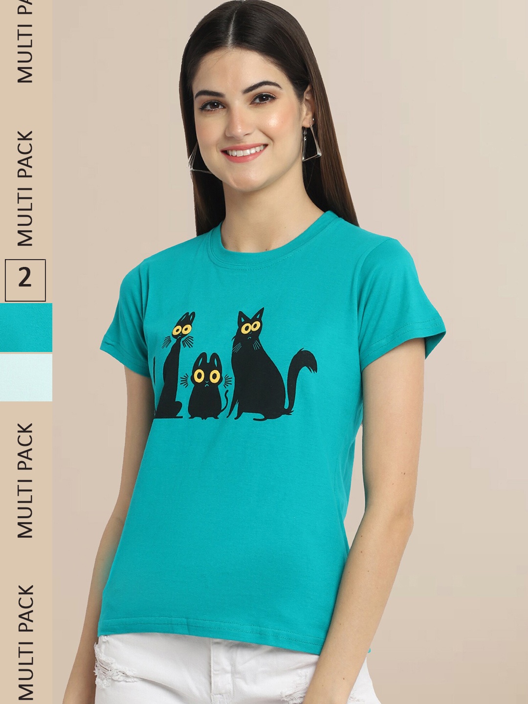 

Fabflee Women Turquoise Blue & Sea Green Pack Of 2 Printed Cotton T-shirt