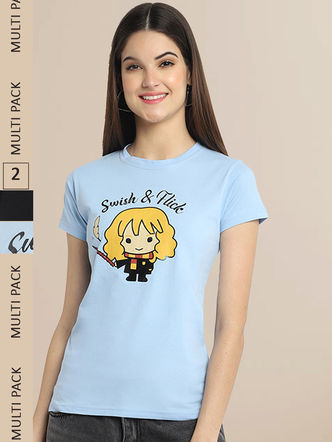

Fabflee Women Blue & Black Pack Of 2 Printed Cotton T-shirt