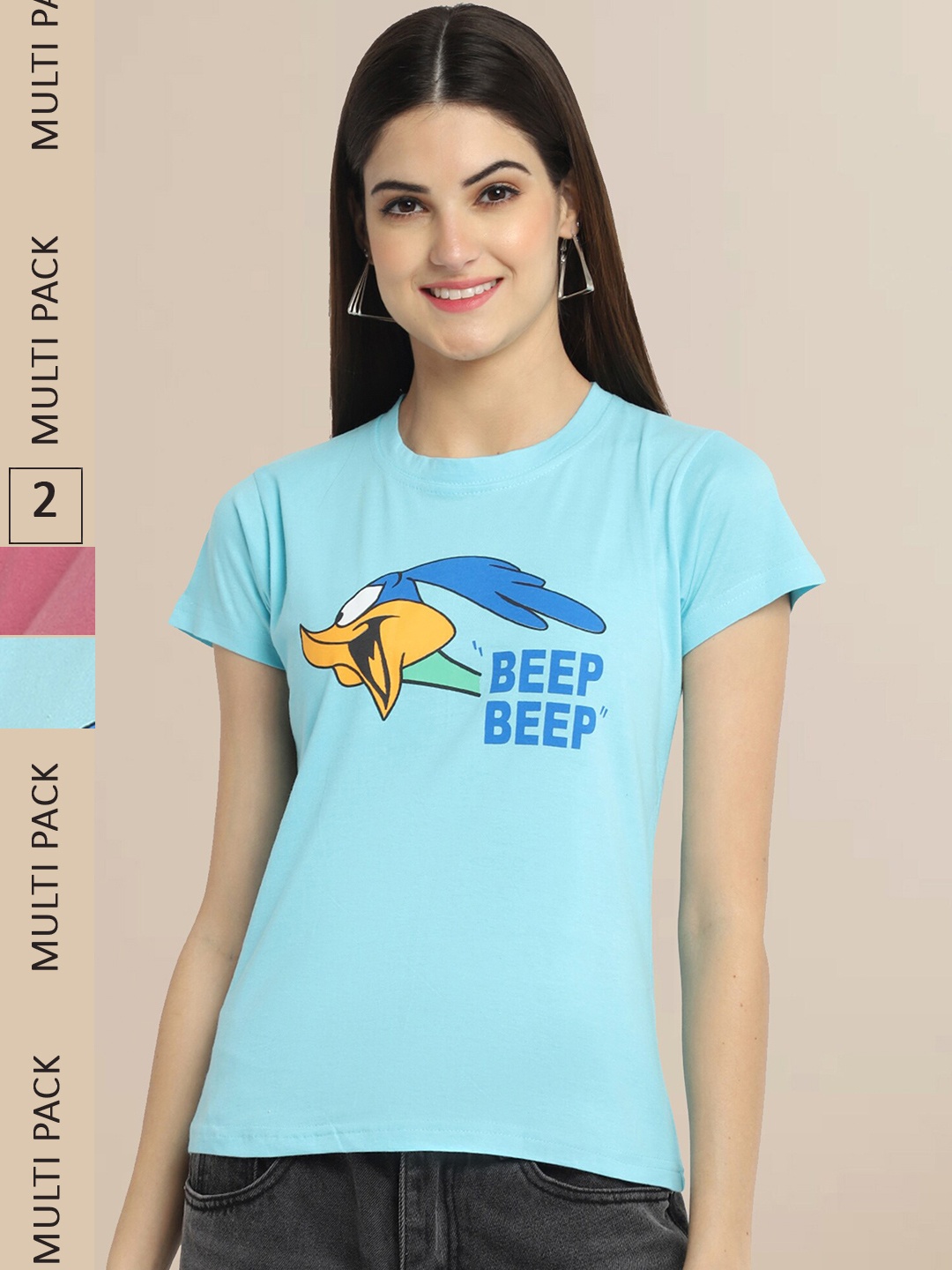 

Fabflee Women Blue & Pink Pack Of 2 Printed Cotton T-shirt